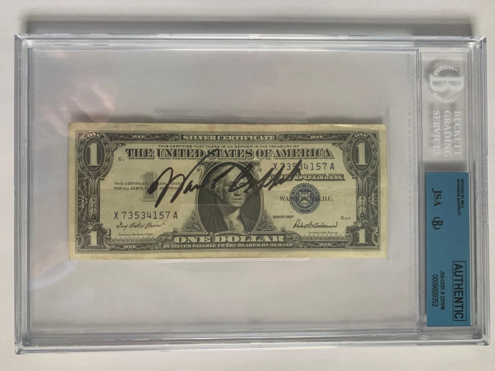 WARREN BUFFETT HAND SIGNED 1957 SILVER CERTIFICATE   RARE    JSA+BECKETT SLABBED