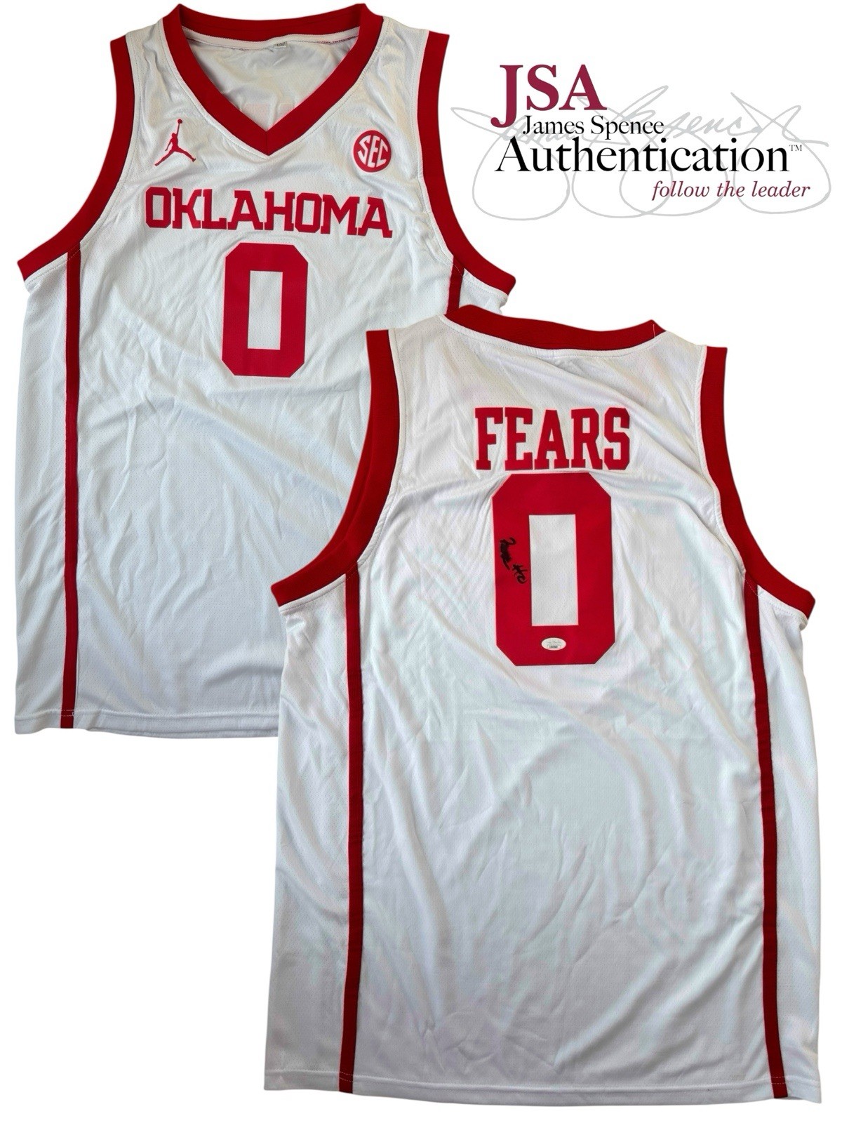 Jeremiah Fears Signed Oklahoma Sooners #0 Jersey JSA AUTO Boomer OU PELICANS NBA
