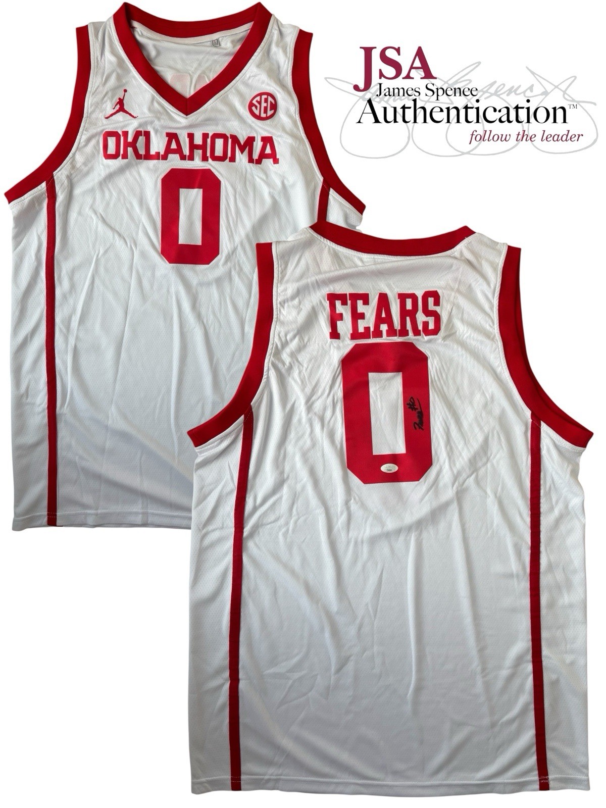 Jeremiah Fears Signed Oklahoma Sooners #0 Jersey JSA AUTO Boomer OU PELICANS NBA