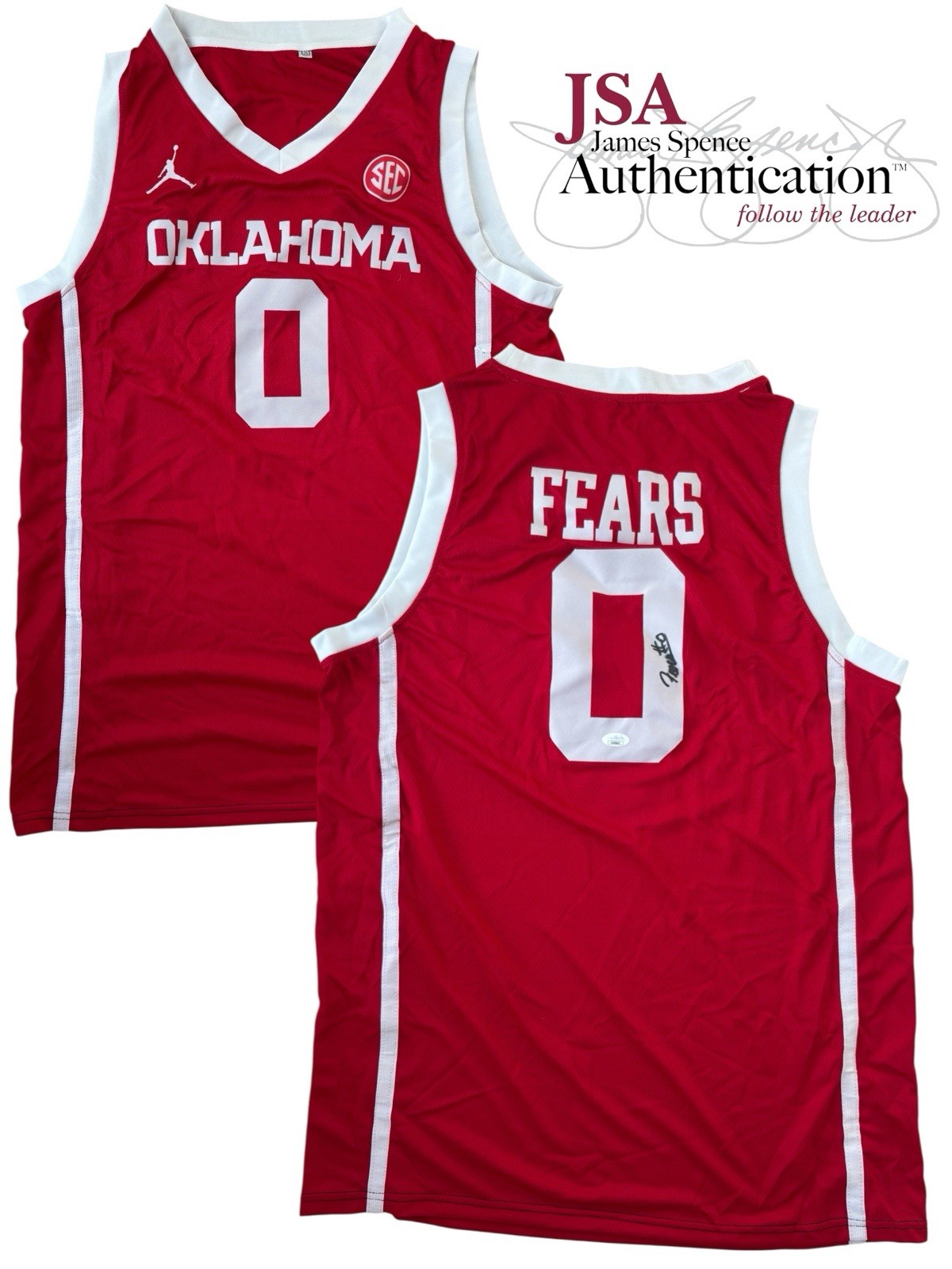 Jeremiah Fears Signed Oklahoma Sooners #0 Jersey JSA AUTO Boomer OU PELICANS NBA