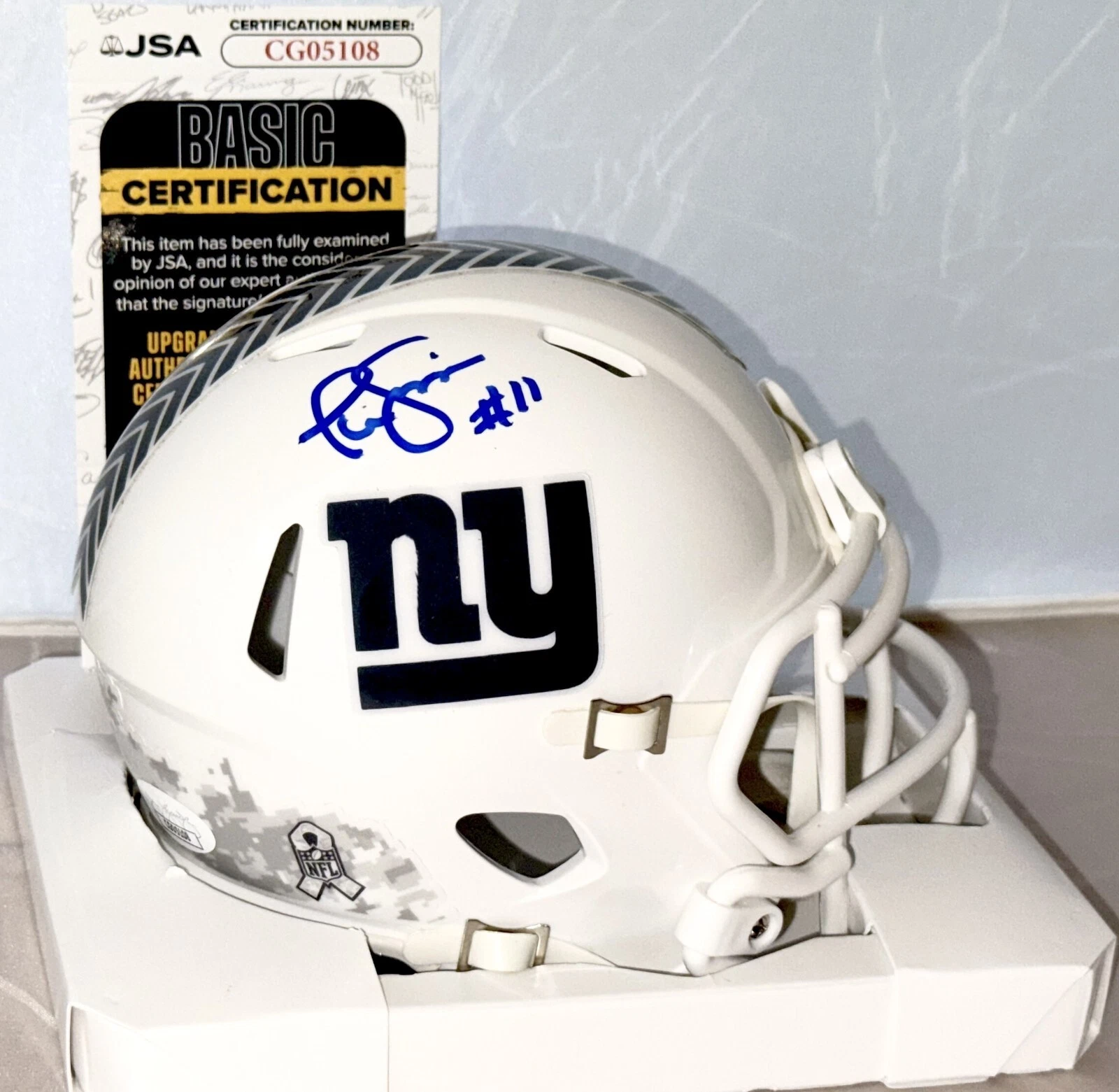 Phil Simms signed New York Giants Salute To Service mini helmet JSA COA