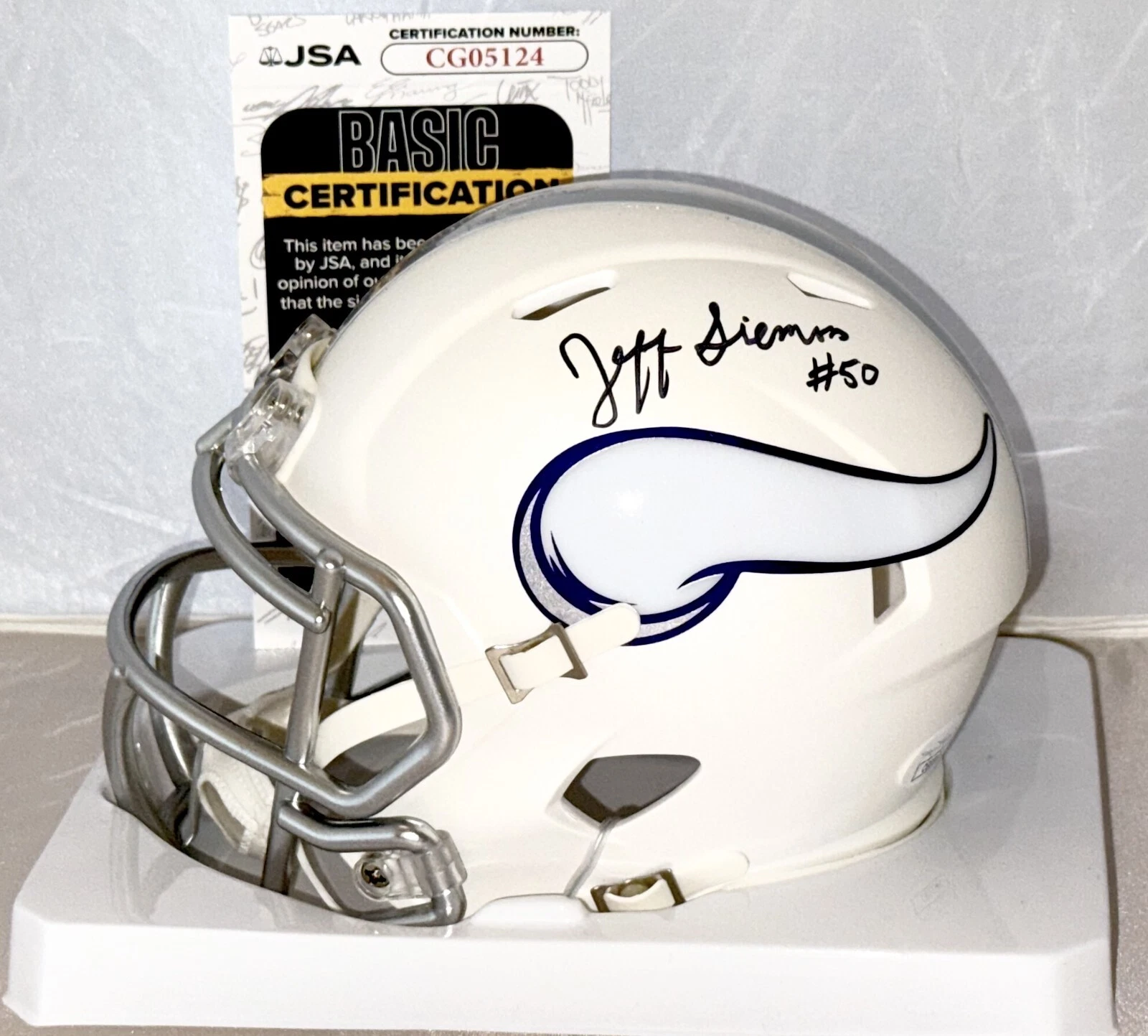 Jeff Siemon signed Minnesota Vikings Alt White mini helmet autographed JSA