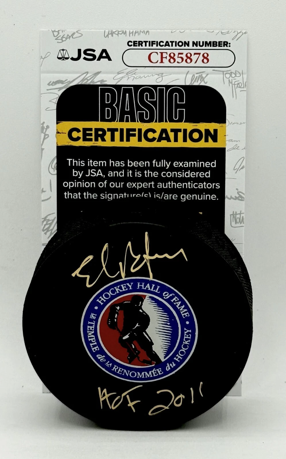Ed Belfour Blackhawks Stars signed Hall of Fame Logo Puck W/ HOF Inscription JSA