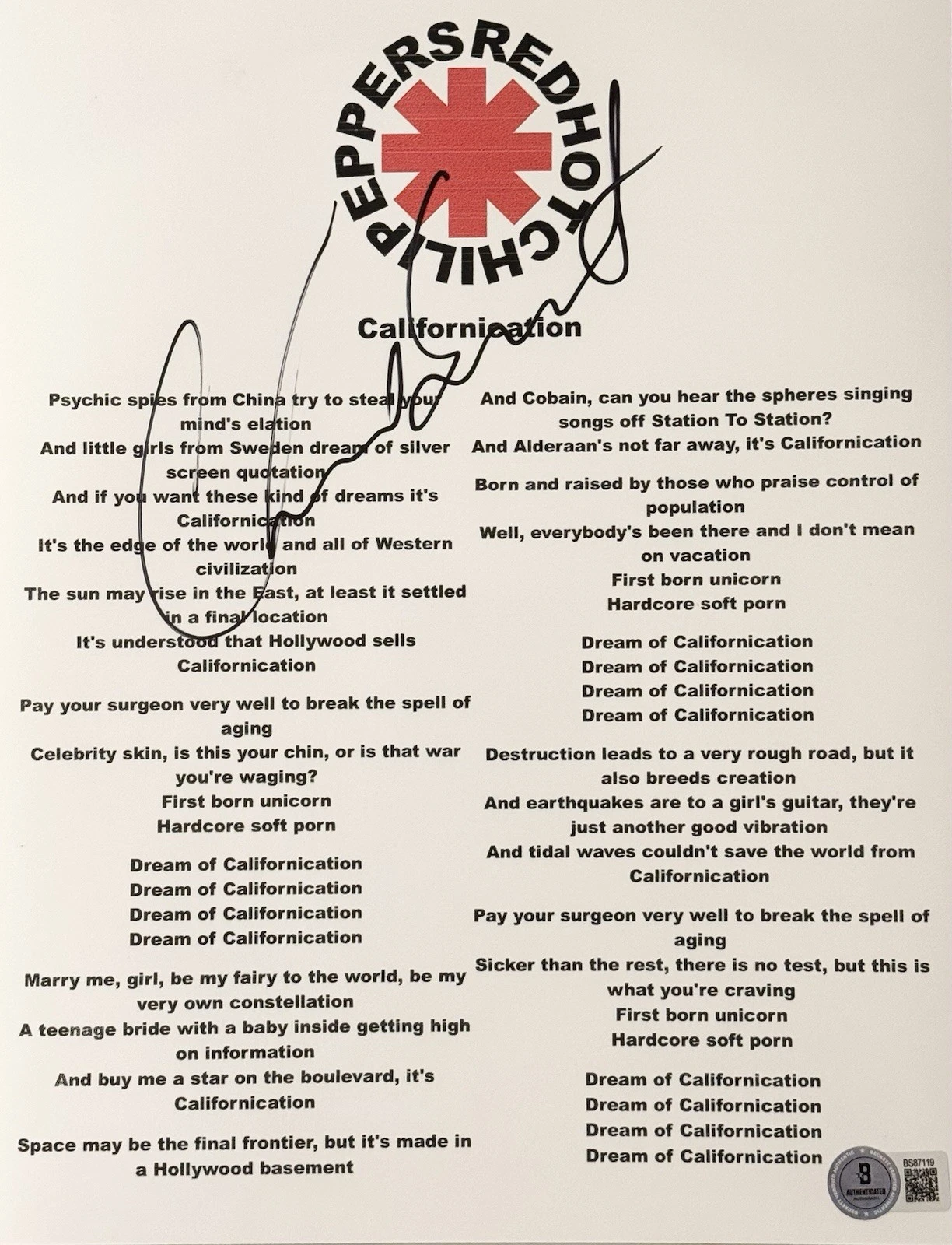 Chad Smith Signed Auto Red Hot Chili Peppers Californication Lyric Sheet BAS