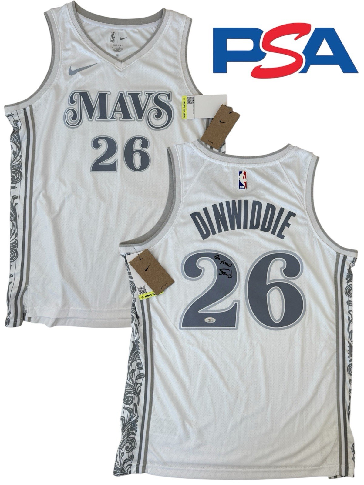 Spencer Dinwiddie Signed 2024-25 Dallas Mavericks #26 City Jersey “Go Mavs” PSA