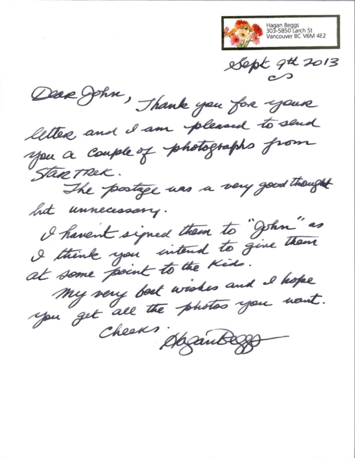 HAGAN BEGGS HAND SIGNED+HAND WRITTEN LETTER+COA        ORIGINAL STAR TREK ACTOR
