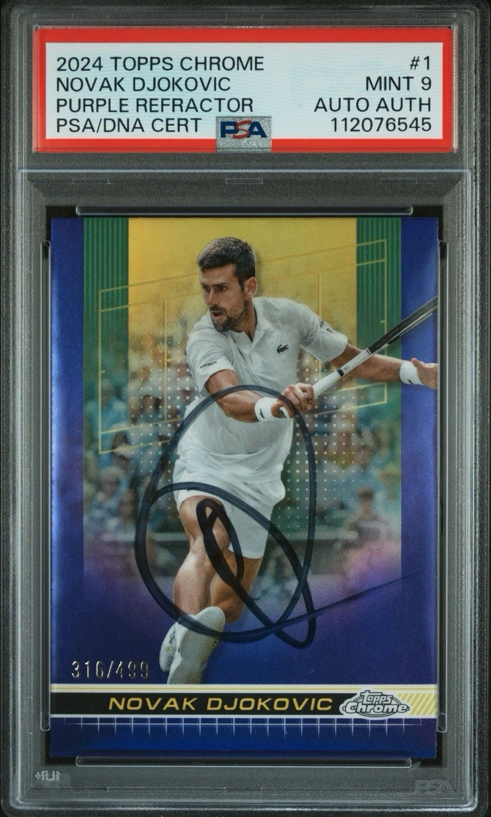 2024 Topps Chrome Tennis #1 Novak Djokovic Purple Refractor /499 AUTO PSA MINT 9