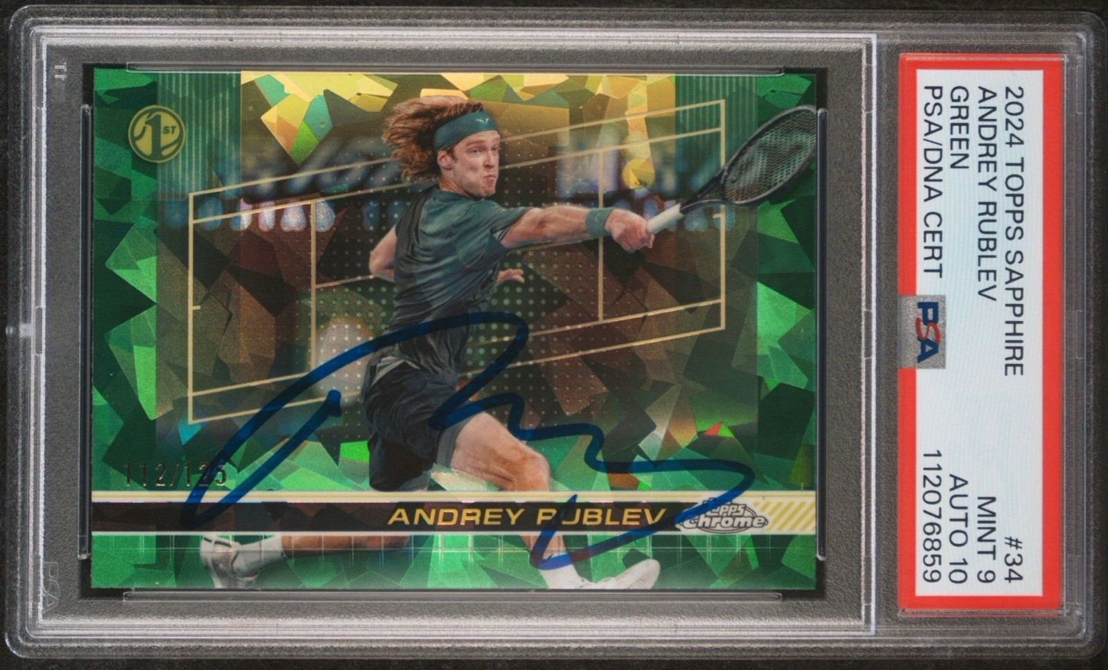 2024 Topps Chrome #34 Andrey Rublev 1st Green Sapphire /125 AUTO PSA MINT 9/10