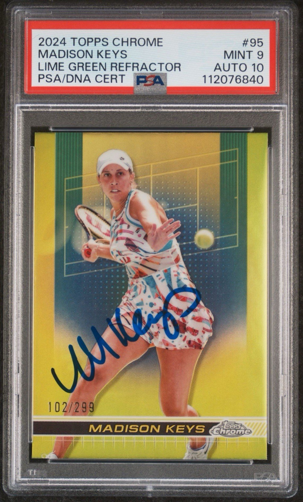 2024 Topps Chrome Tennis #95 Madison Keys Lime Green Ref /299 AUTO PSA MINT 9/10