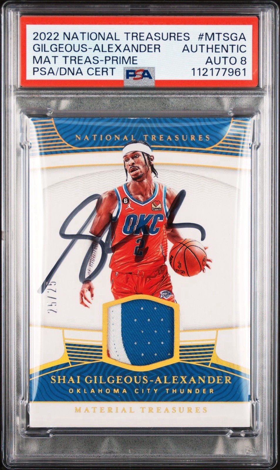 2022 National Treasures Shai Gilgeous-Alexander Prime Material /25 PSA 8 AUTO