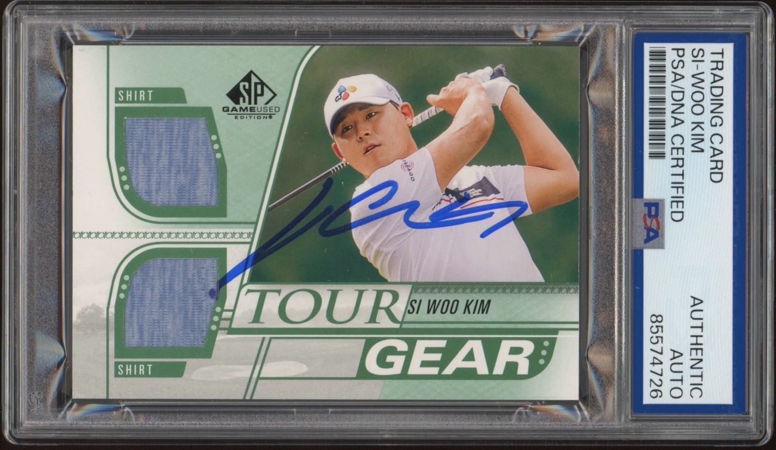 2021 SP Game Used Golf Si Woo Kim Signed Rookie Tour Gear Dual Relic PSA AUTO RC