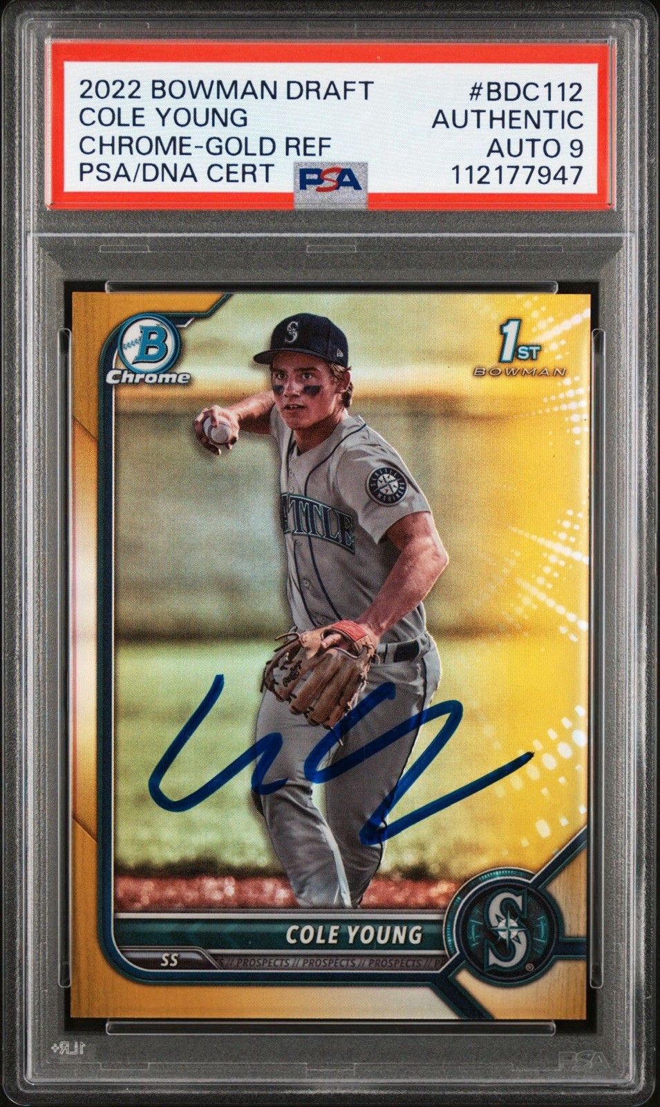 2022 Bowman Chrome Draft #BDC112 Cole Young Gold Refractor /50 PSA MINT 9 AUTO