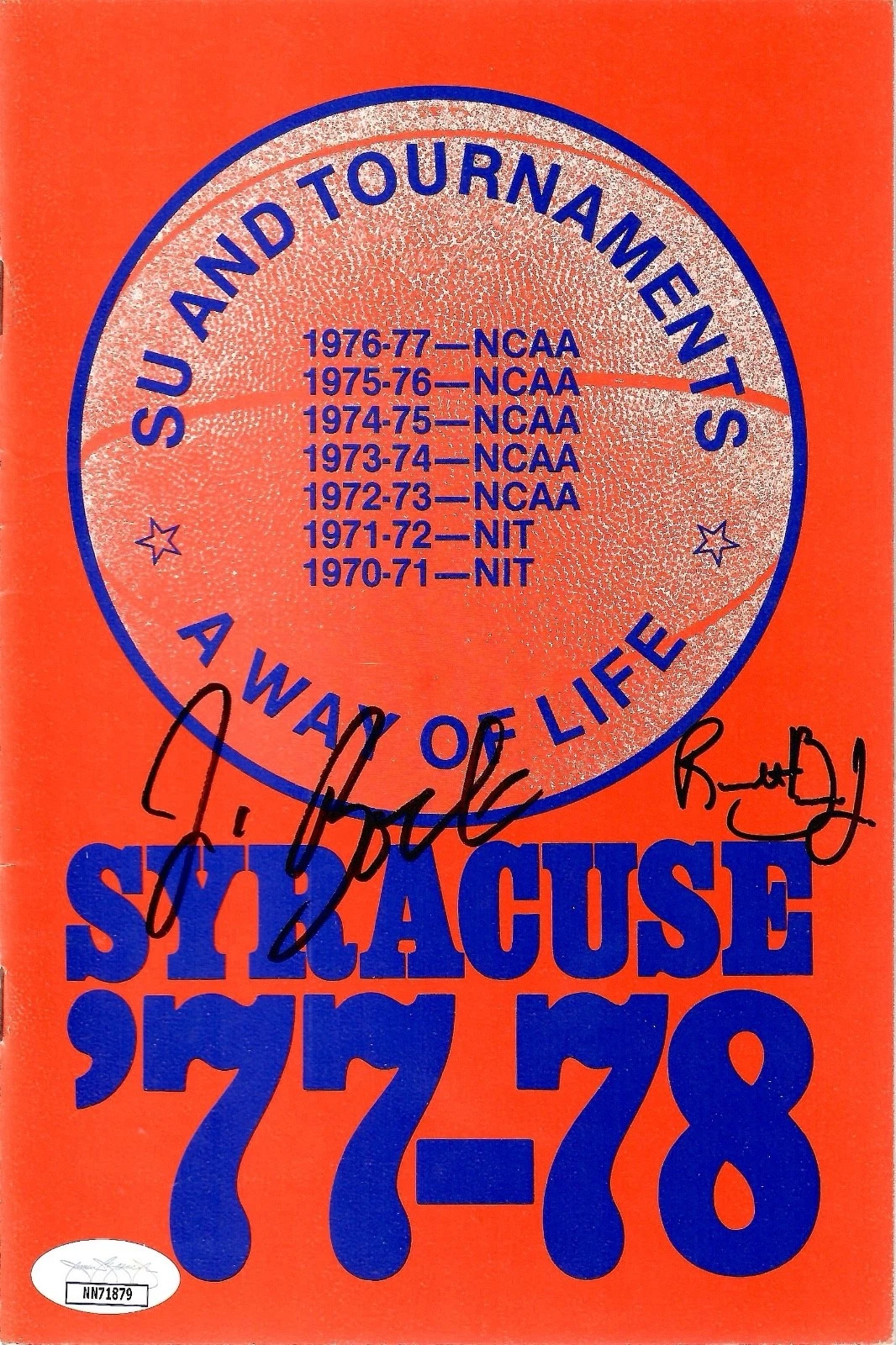 JIM BOEHEIM+ROOSEVELT BOUIE SIGNED 1977-78 SYRACUSE BASKETBALL MEDIA GUIDE   JSA