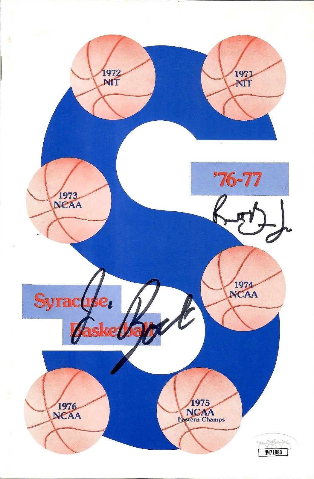 JIM BOEHEIM SIGNED 1976 SYRACUSE BASKETBALL MEDIA GUIDE  BOEHEIM'S 1st YEAR  JSA