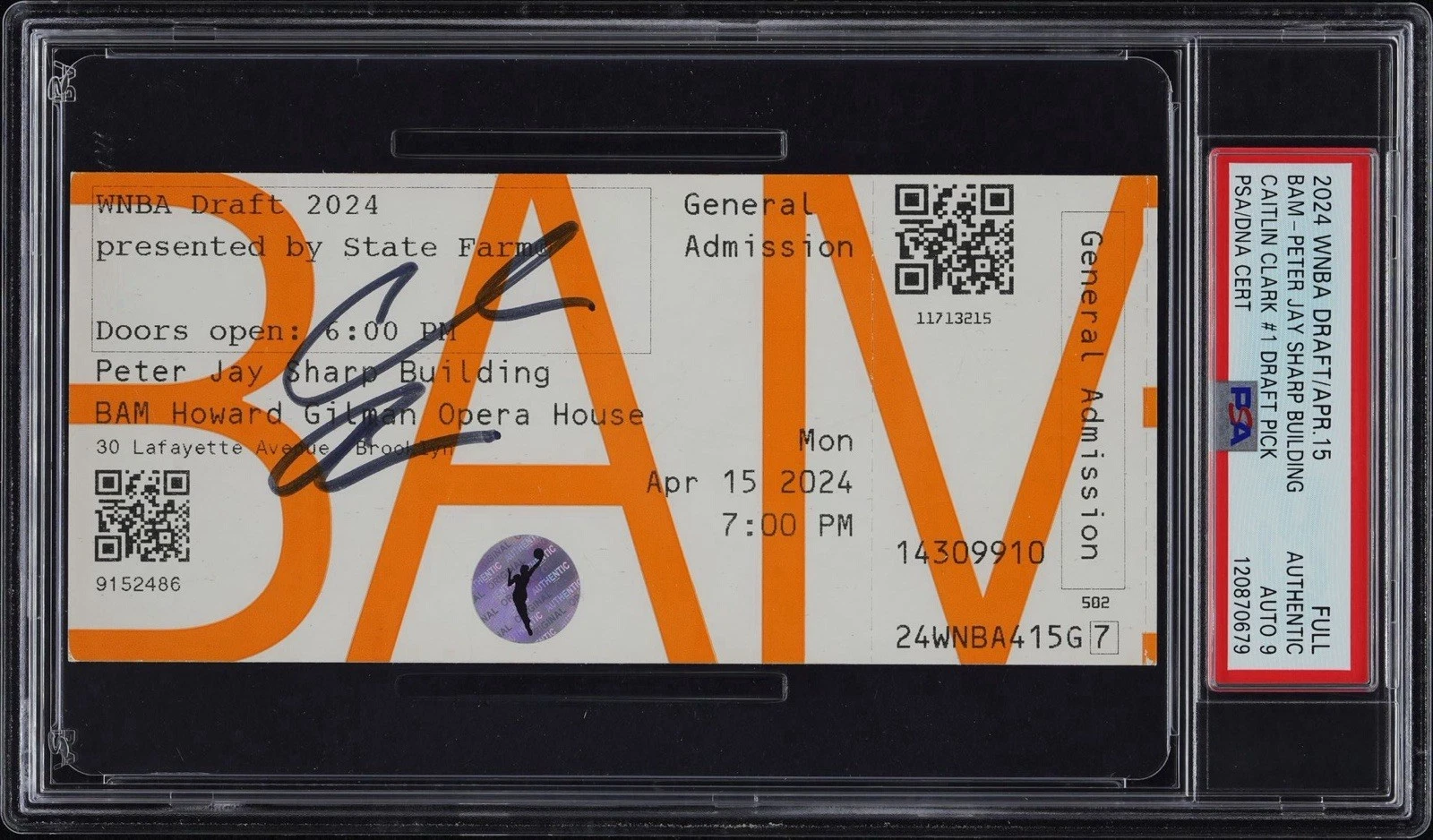 Caitlin Clark Signed 2024 WNBA DRAFT #1 PICK Full Ticket PSA MINT 9 AUTO FEVER