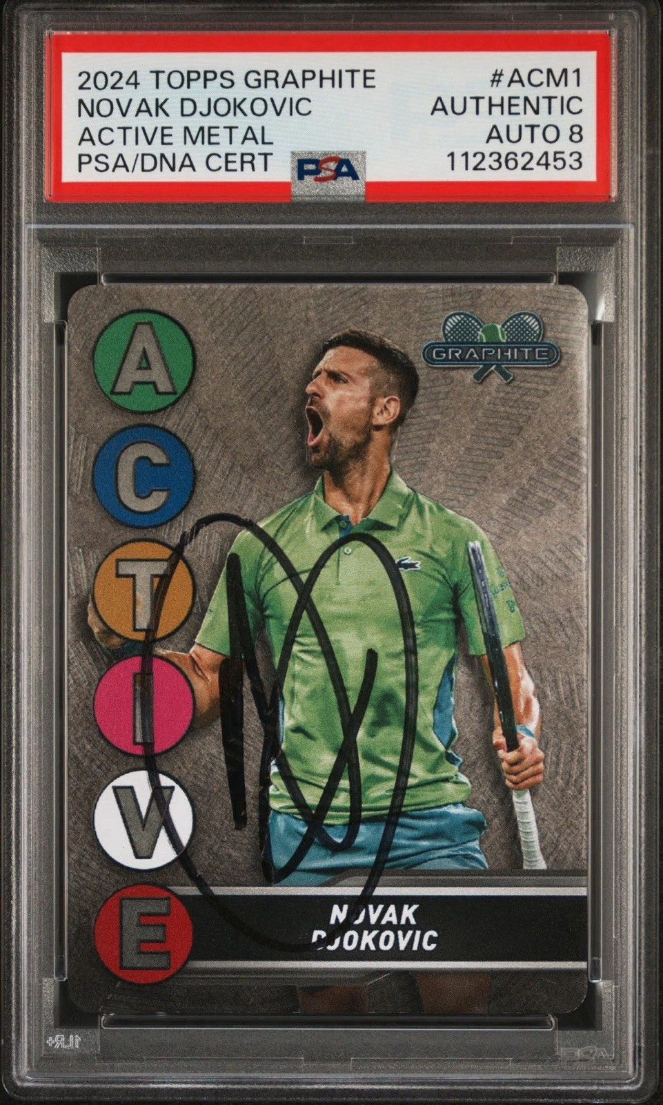 2024 Topps Graphite #ACM-1 Novak Djokovic Signed Active Metal Card PSA 8 AUTO