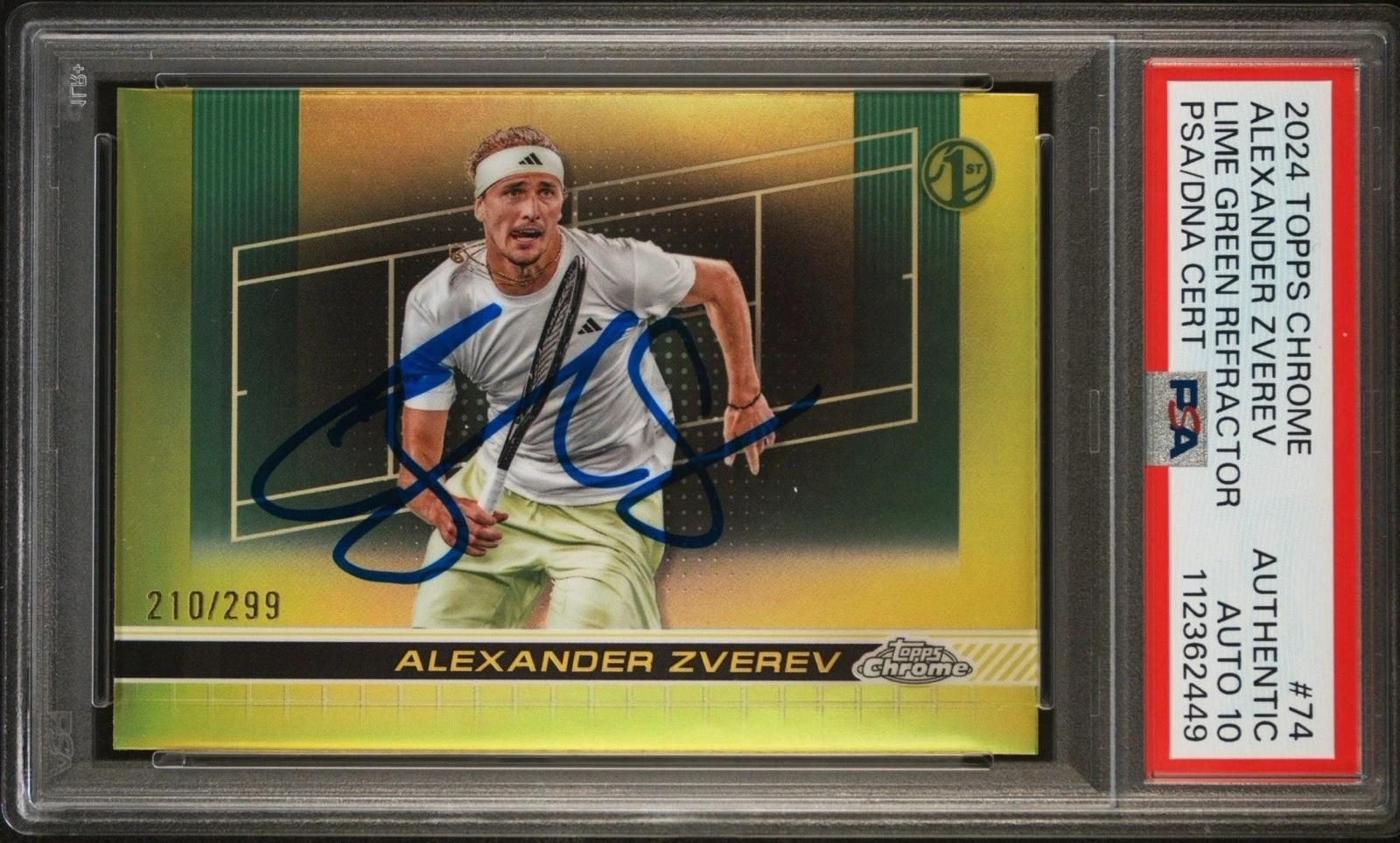 2024 Topps Chrome #74 Alexander Zverev 1st Lime Green /299 PSA GEM MT 10 AUTO RC