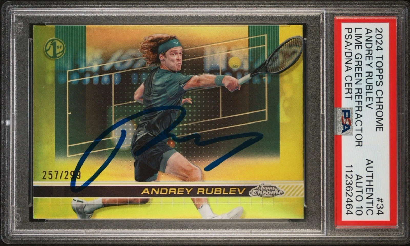 2024 Topps Chrome #34 Andrey Rublev 1st Lime Green /299 PSA GEM MT 10 AUTO RC