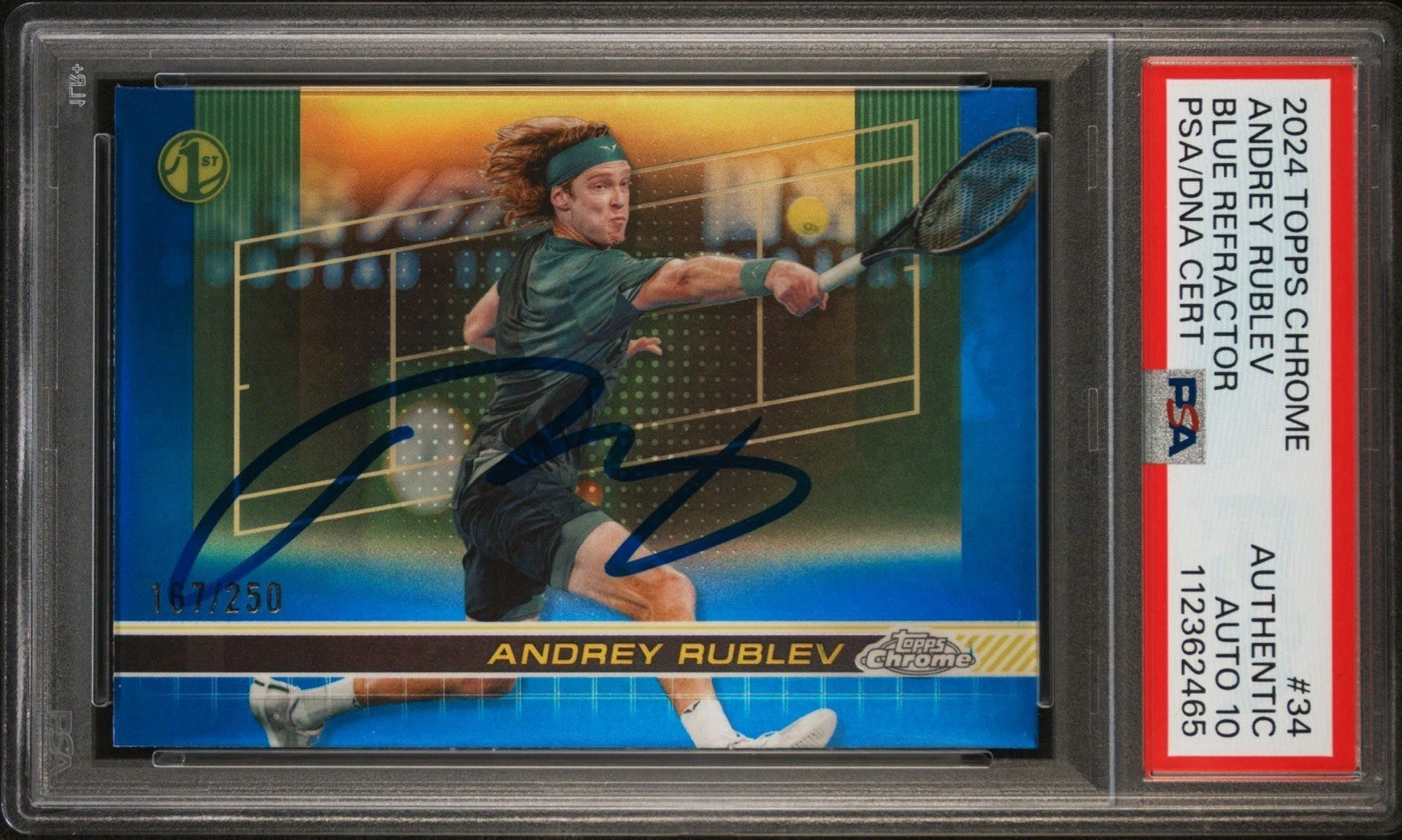 2024 Topps Chrome #34 Andrey Rublev 1st Blue Ref /250 PSA GEM MT 10 AUTO RC