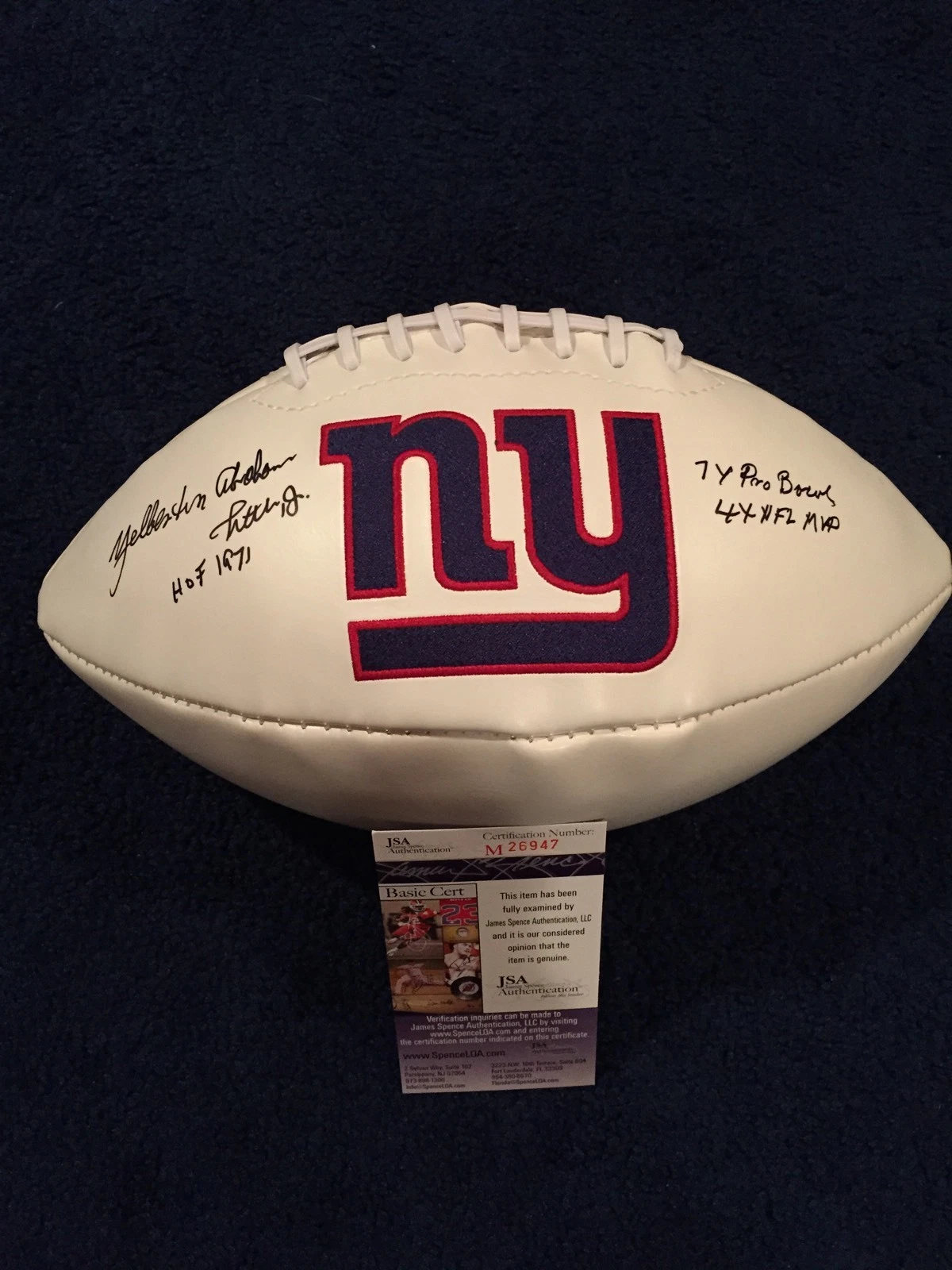 FULL NAME Y A TITTLE SIGNED NEW YORK GIANTS LOGO FOOTBALL JSA 3 INSCRIPTIONS WOW
