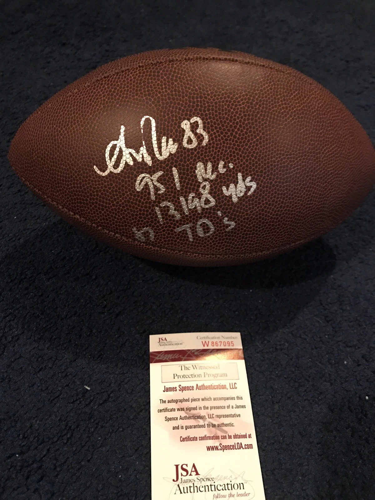 Rare Andre Reed Signed Stat Football, JSA, 3 Inscriptions Bills