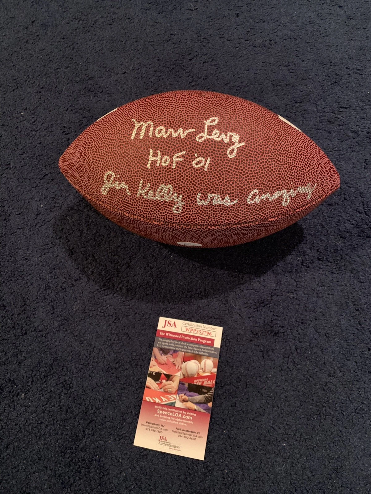 Marv Levy Signed Football, Amazing Inscription, Jim Kelly Was Amazing JSA Bills