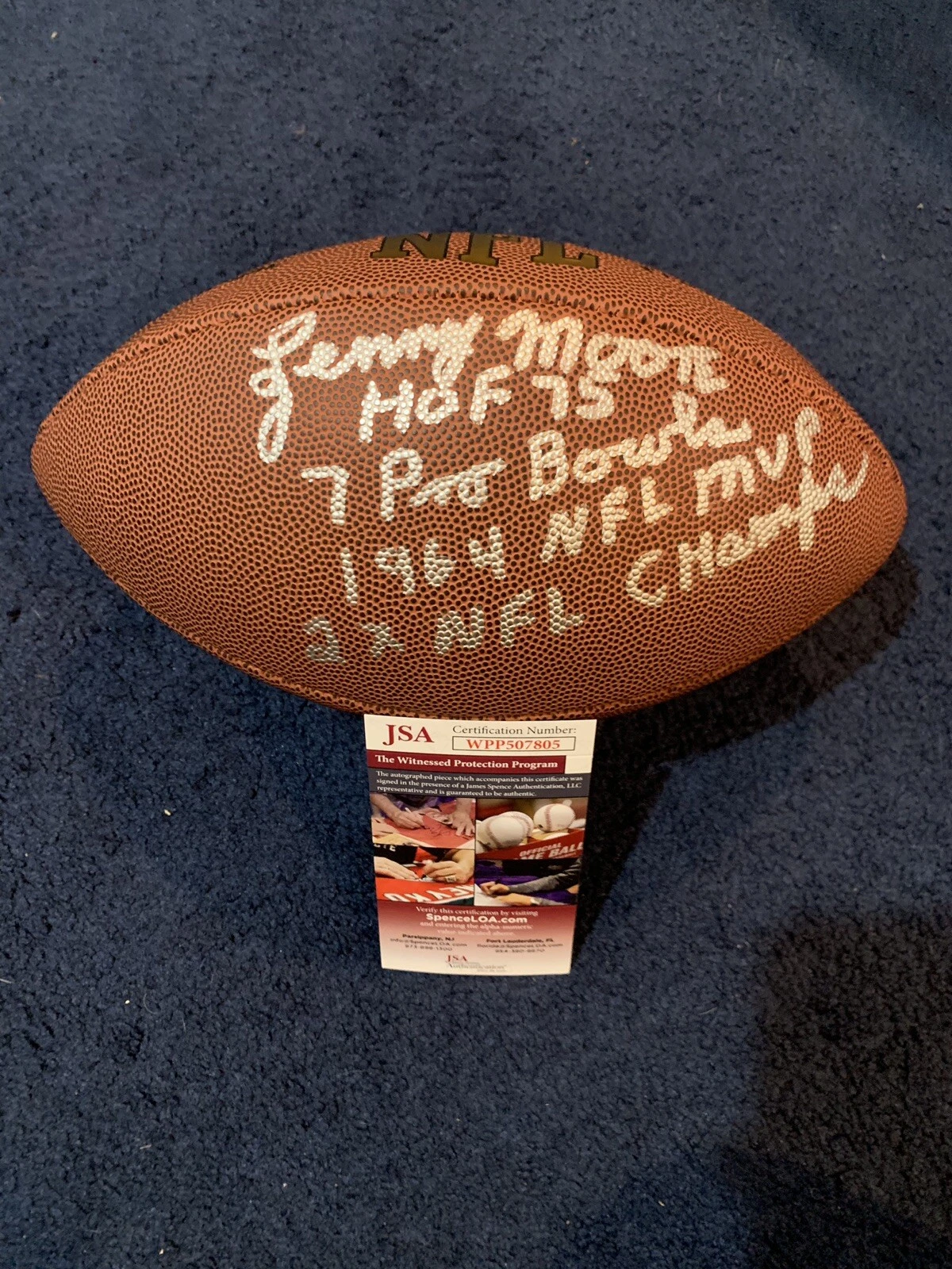 Lenny Moore Signed Stat Football, JSA, 4 Inscriptions Baltimore Colts