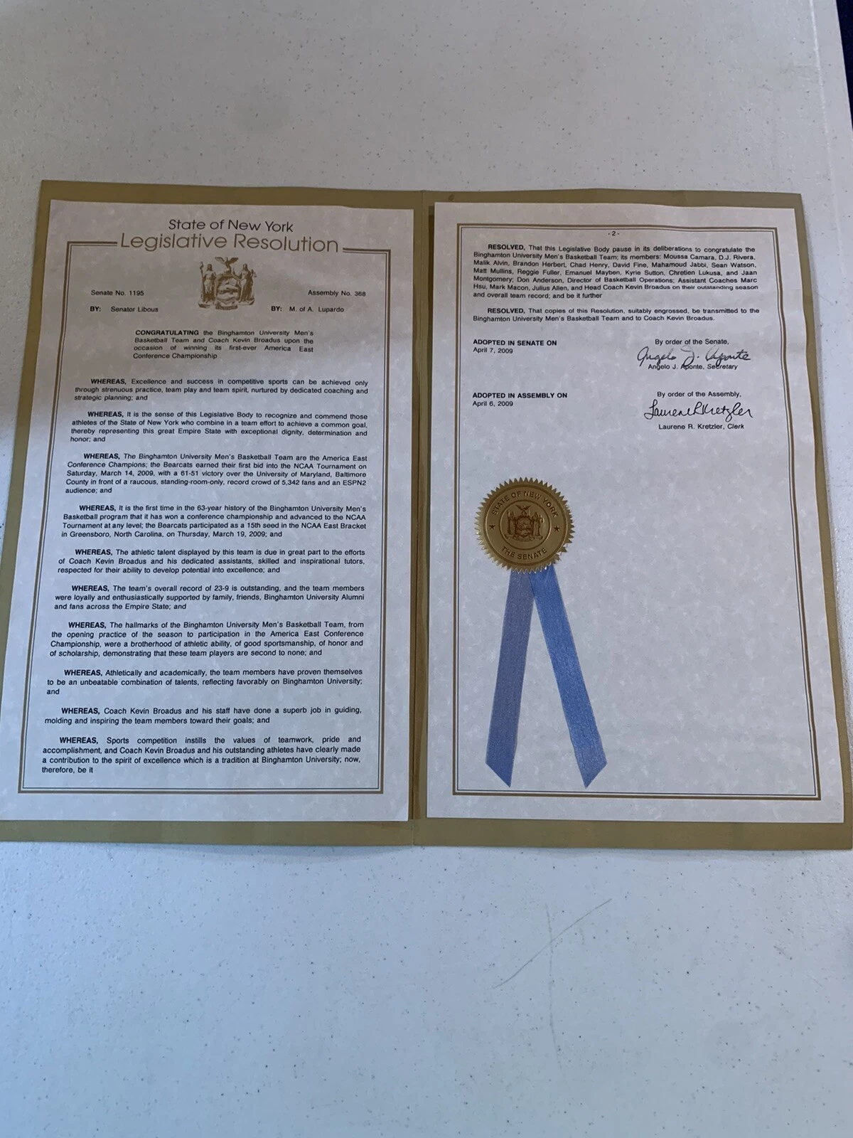 NEW YORK ASSEMBLY PROCLAMATION BINGHAMTON UNIVERSITY BASKETBALL CHAMPIONSHIP