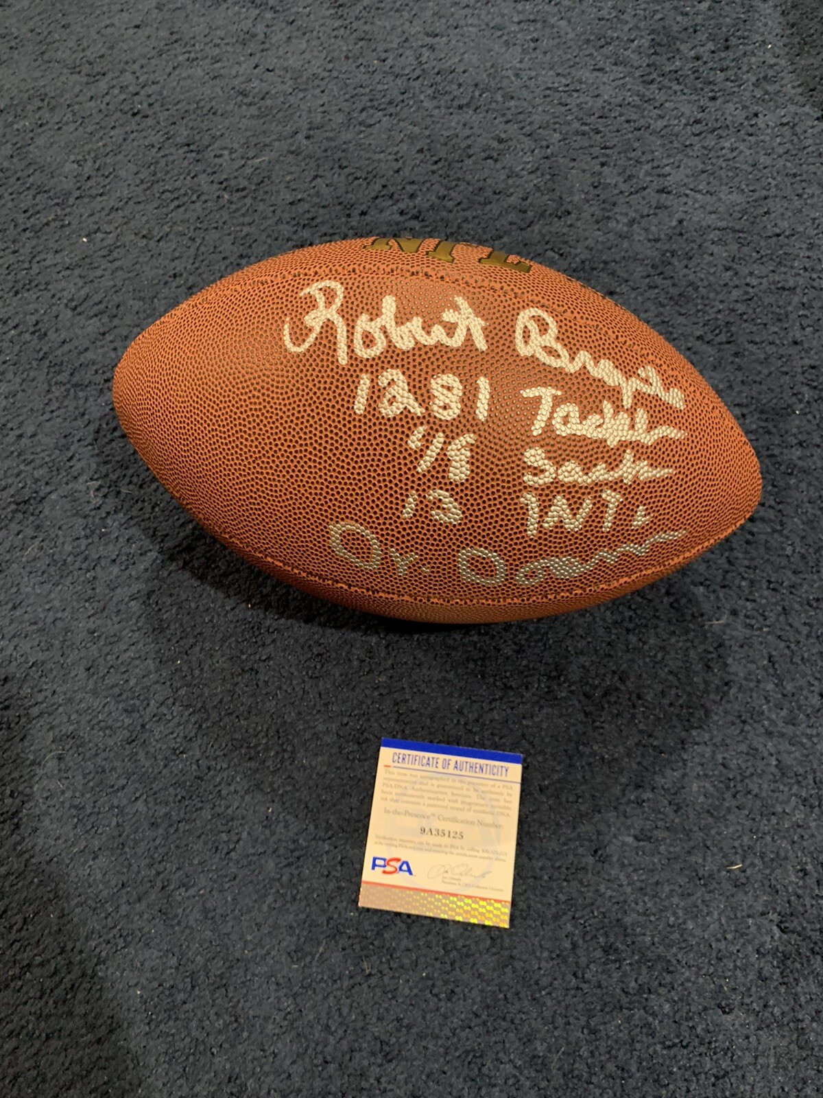 Rare Robert Brazile Signed Stat Football, 4 Inscriptions, PSA Houston Oilers