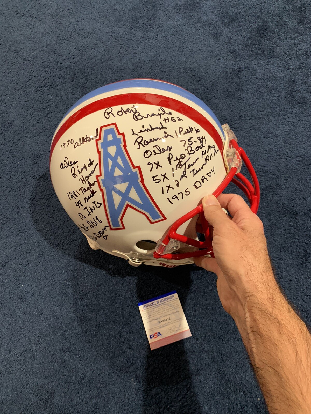 RARE Robert Brazile SIGNED OILERS FULL SIZE STAT HELMET PSA 14 INSCRIPTIONS