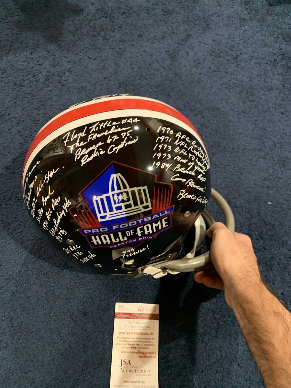 FLOYD LITTLE SIGNED 2X CUSTOM STAT HELMET 44 INSCRIPTIONS JSA Syracuse Broncos