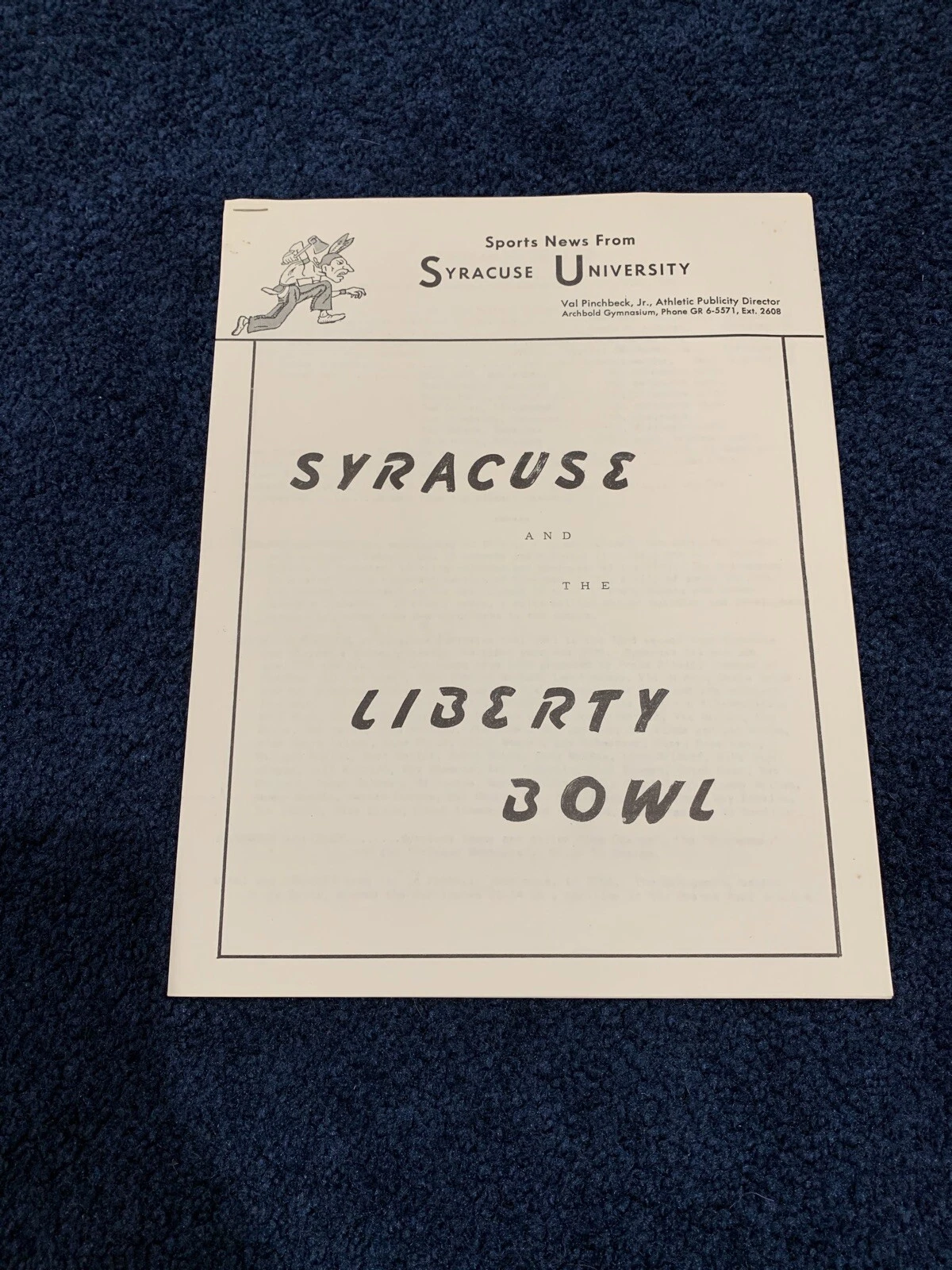 SYRACUSE FOOTBALL 1961 Liberty BOWL PRESS GUIDE Vs Miami Ernie Davis Last Game