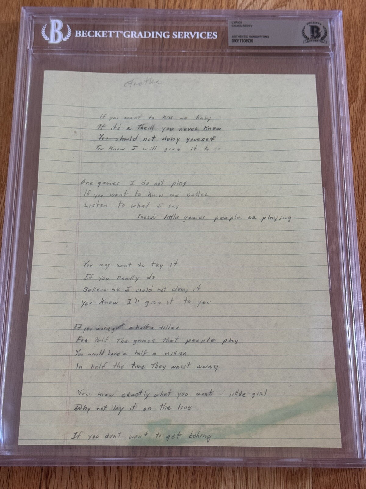 Fantastic + Rare Chuck Berry Handwritten Lyrics  Beckett Slabbed Aretha