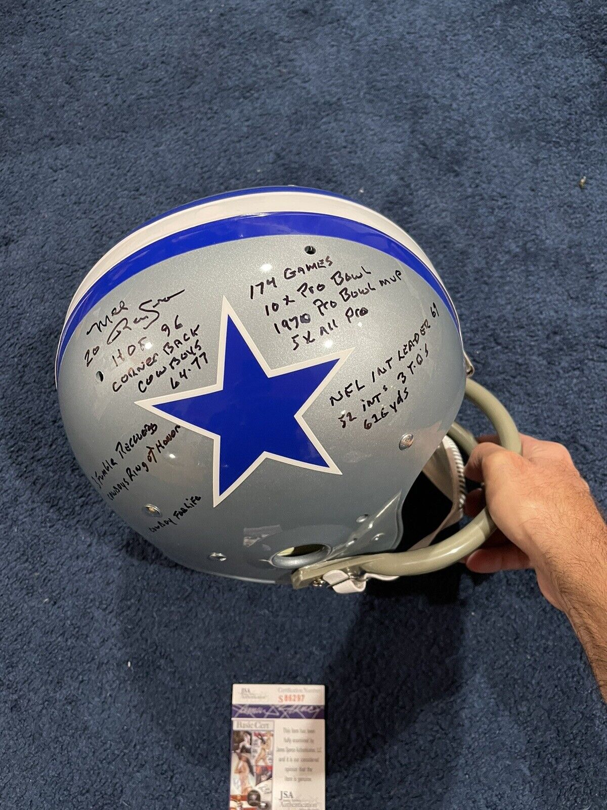 Mel Renfro SIGNED Dallas Cowboys FULL SIZE STAT TK HELMET JSA 14 INSCRIPTIONS