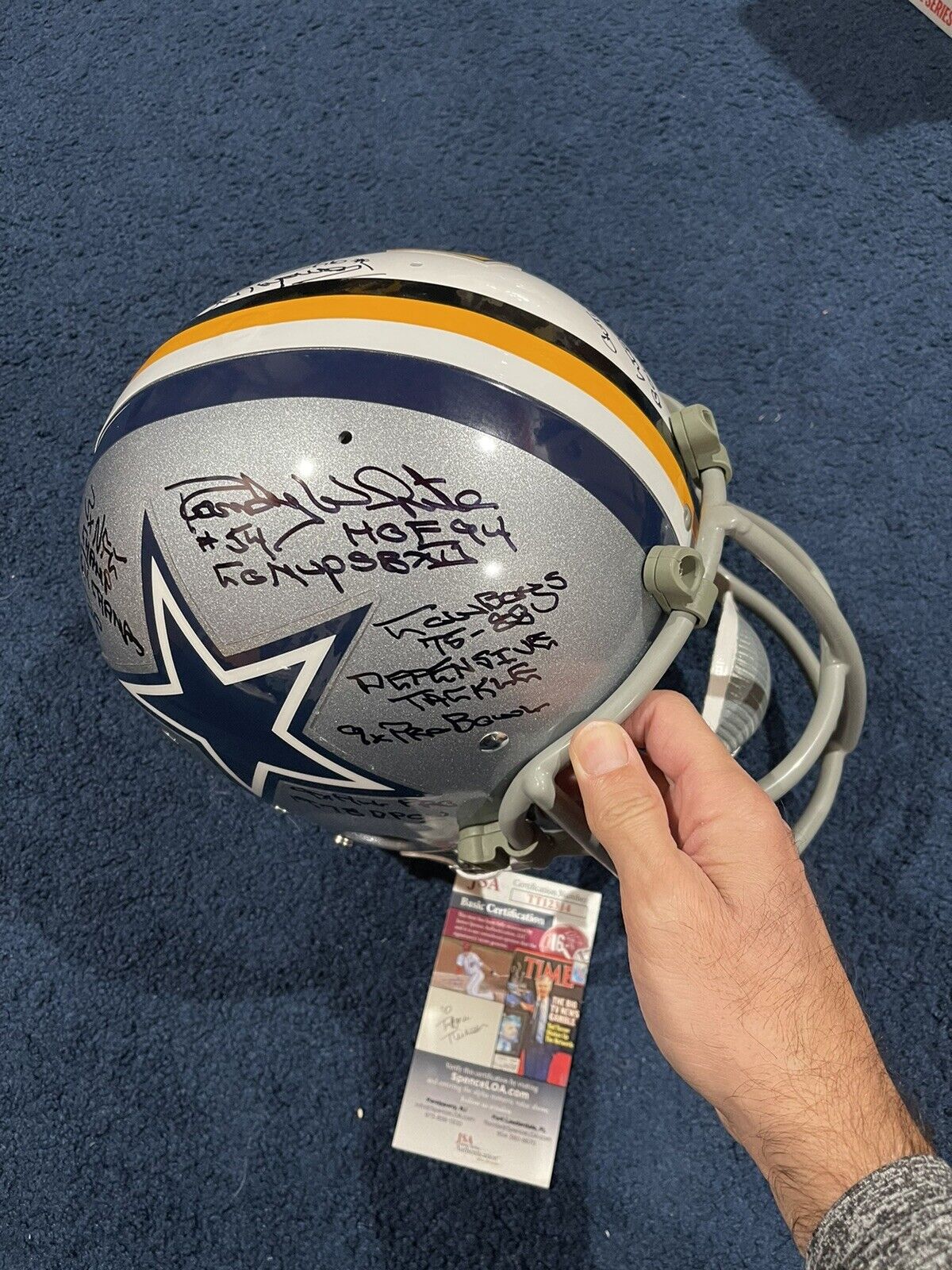 RANDY WHITE SIGNED DUAL COWBOYS MARYLAND TK STAT HELMET JSA 27 INSCRIPTIONS Wow