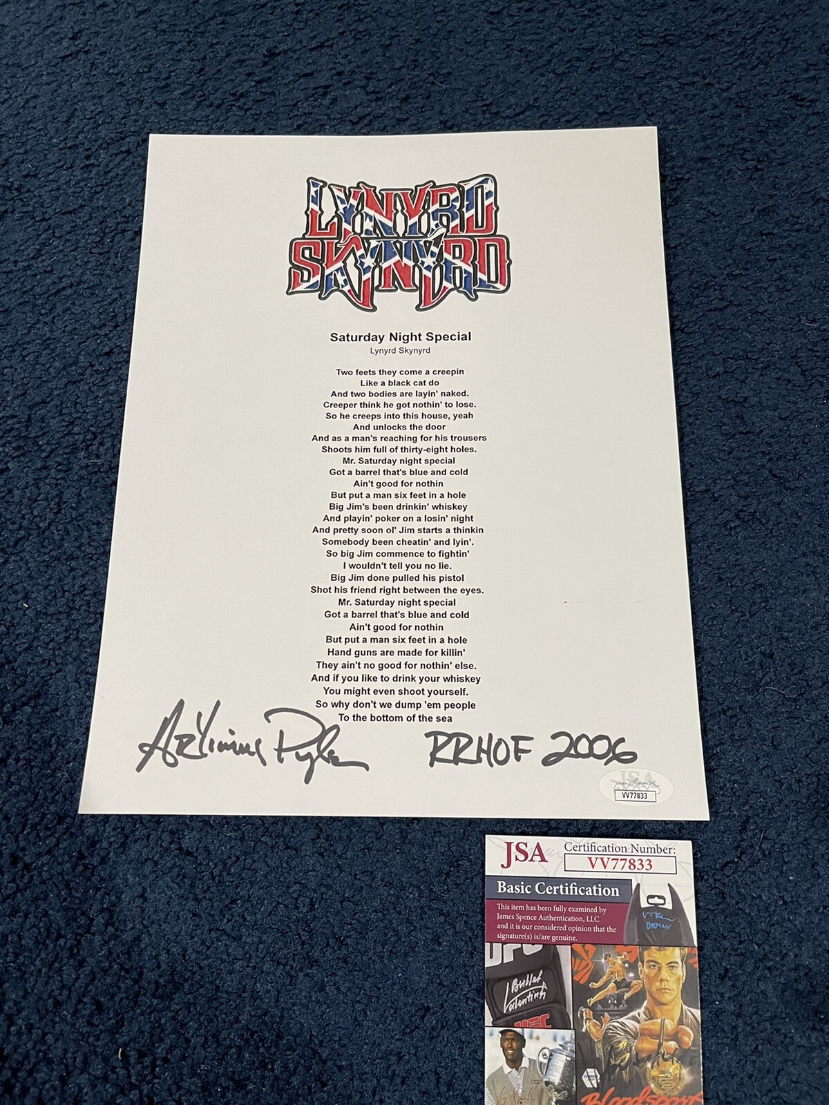 ARTIMUS PYLE LYNYRD SKYNYRD SIGNED SATURDAY NIGHT SPECIAL LYRIC SHEET JSA COLLECTIBLE MEMORABILIA