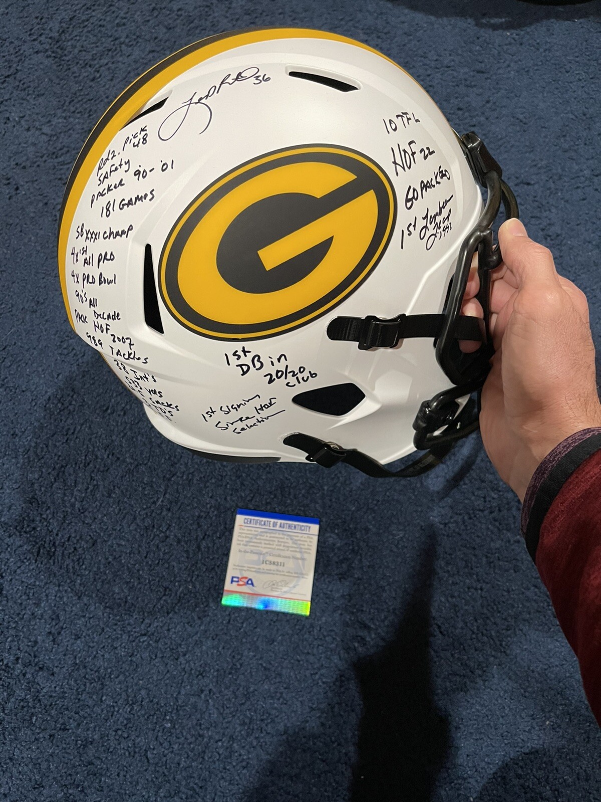 Leroy Butler SIGNED Packers Lunar F/S STAT HELMET 21 INSCRIPTIONS PSA W Hof!
