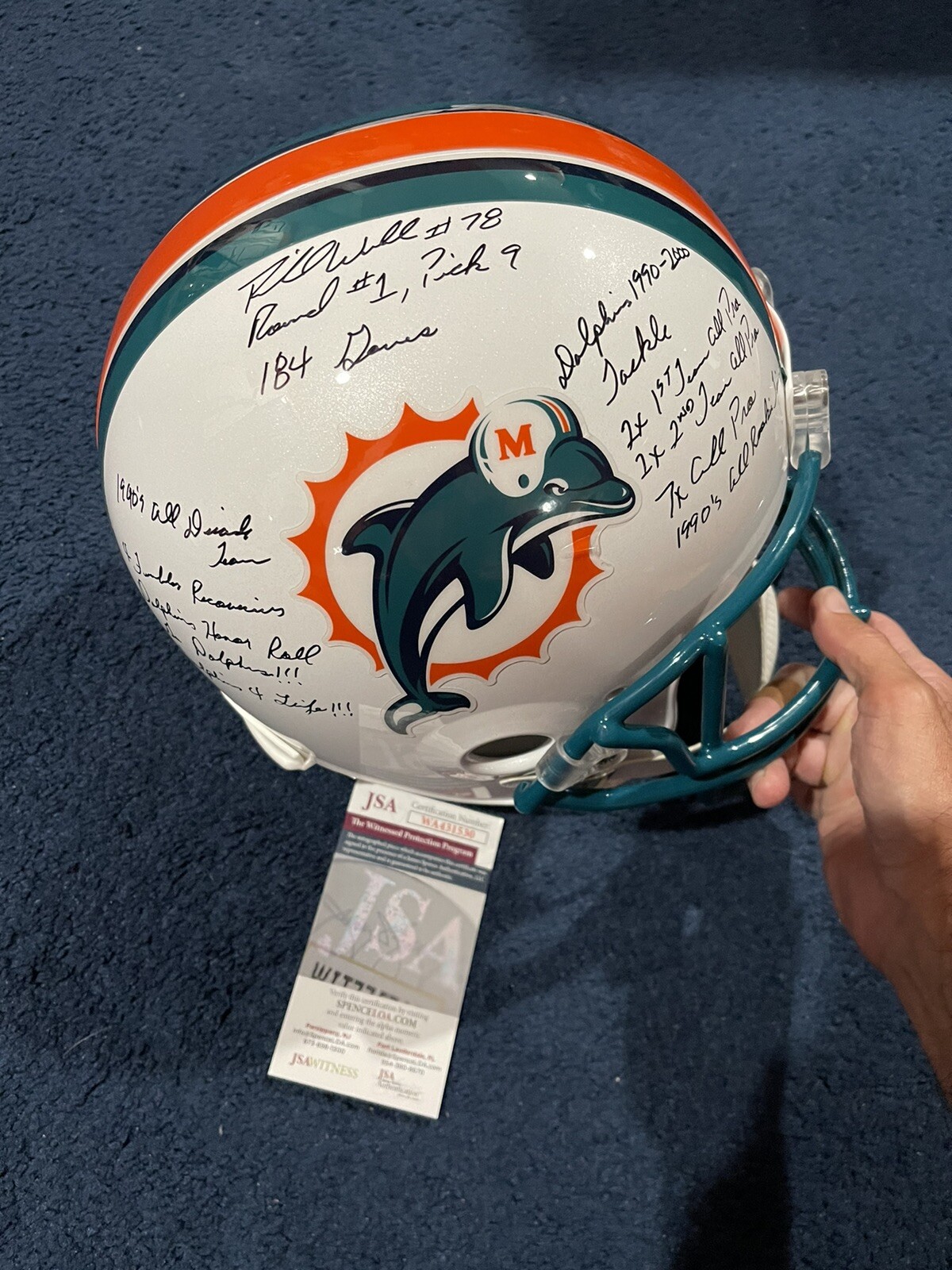 RARE Richmond Webb  SIGNED Dolphins FULL SIZE STAT HELMET JSA W 13 INSCRIPTIONS