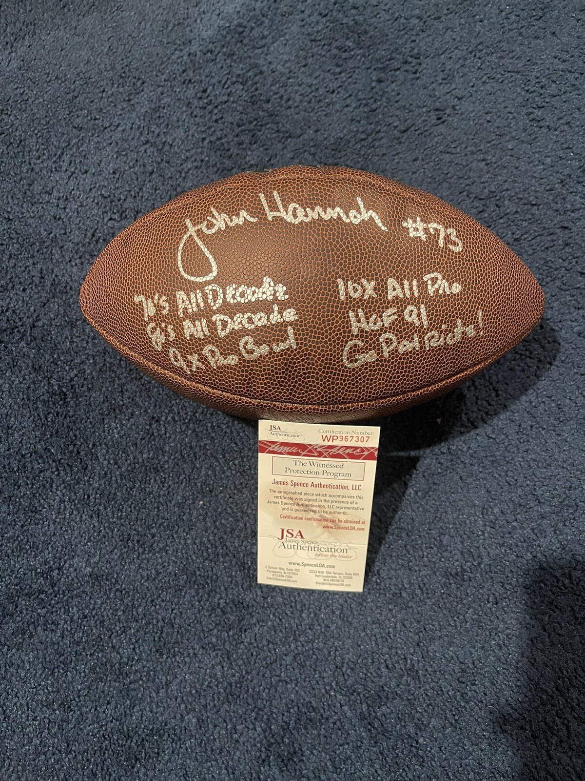 Rare John Hannah Signed Wilson Stat Football, JSA, 6 Inscriptions Patriots