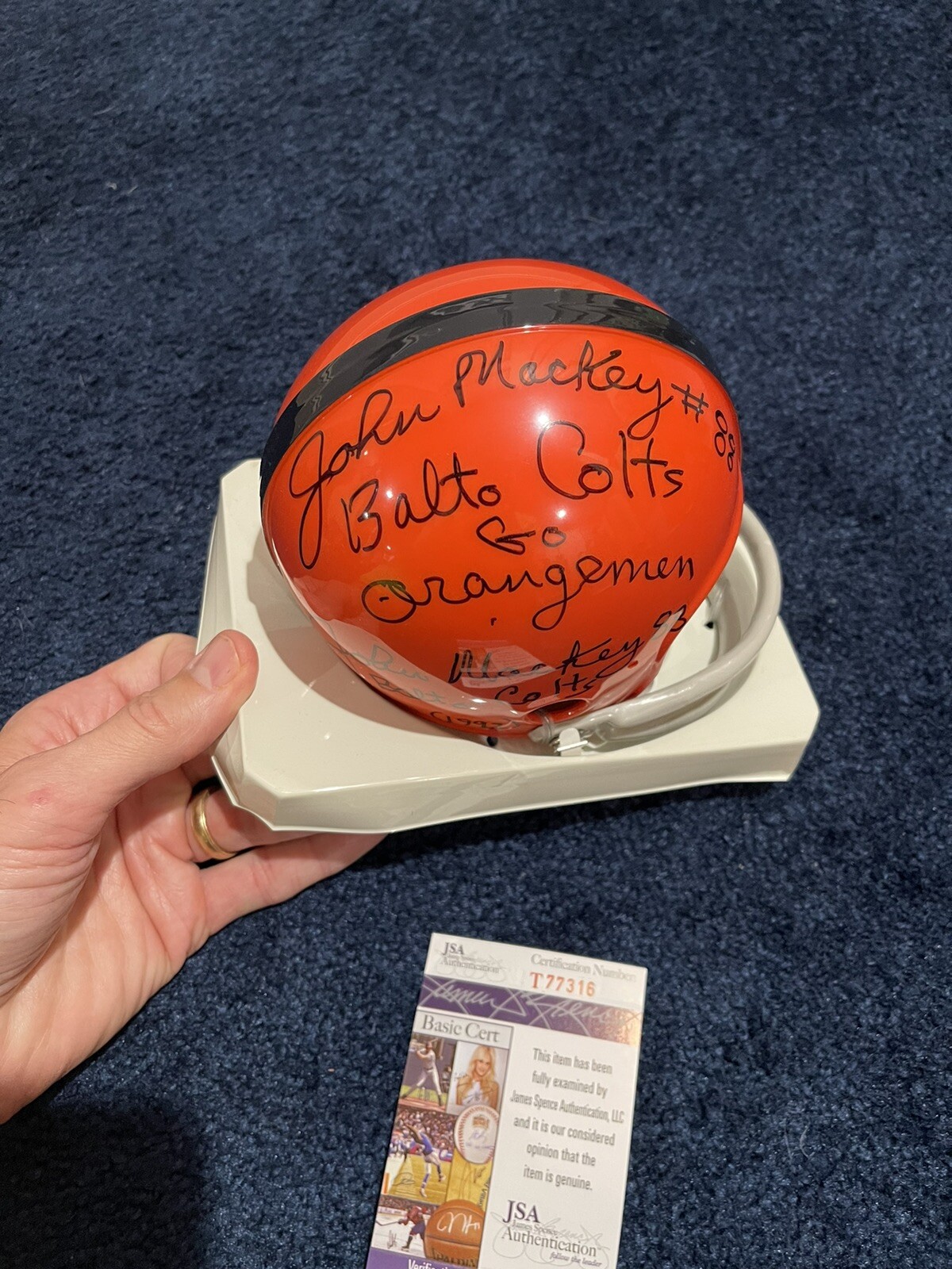 JOHN MACKEY SIGNED VINTAGE SYRACUSE UNIVERSITY MINI HELMET JSA SIGNED TWICE!