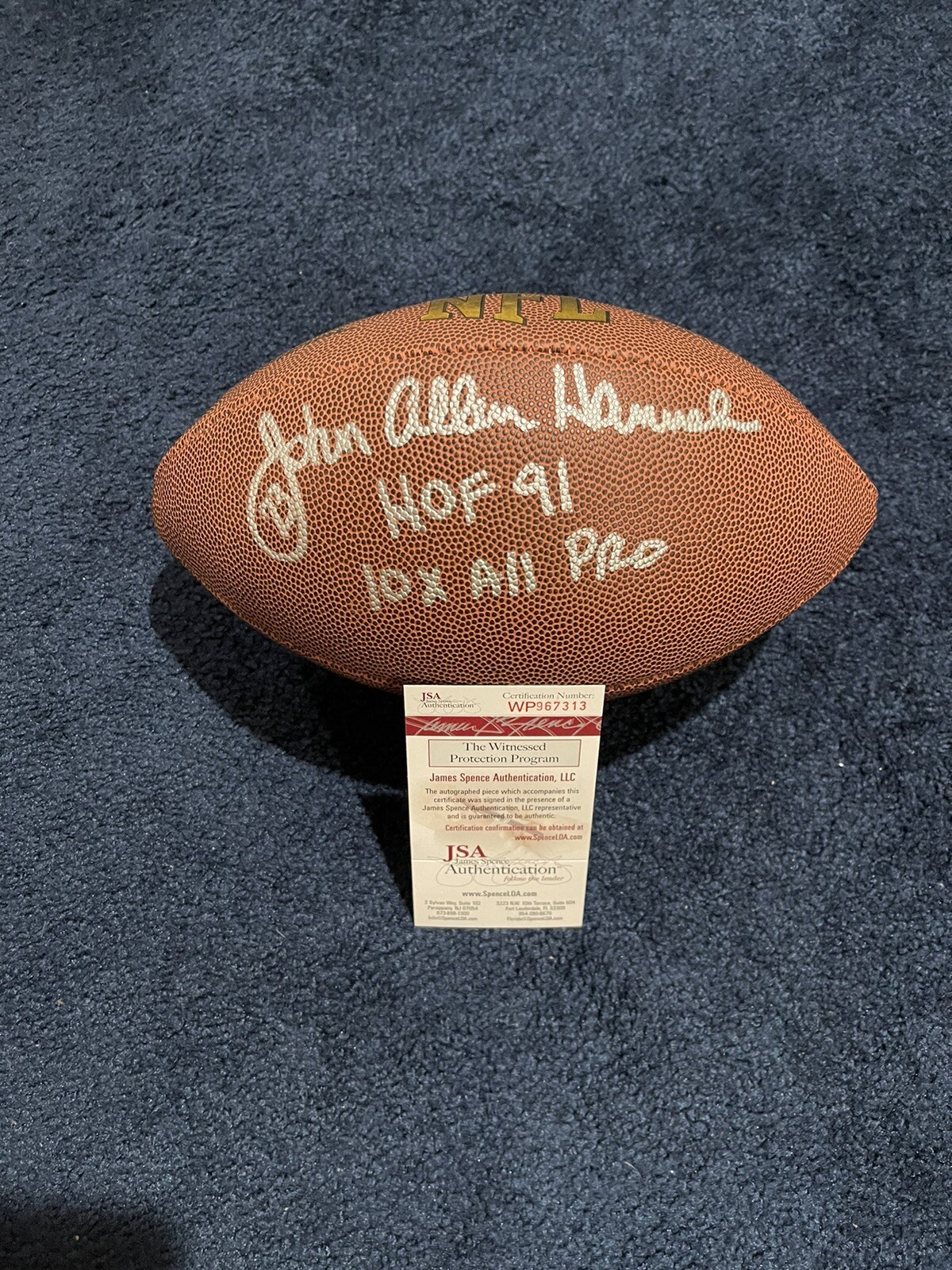 John Hannah Signed Stat Football, JSA, 2 Inscriptions W/ Full Name Patriots