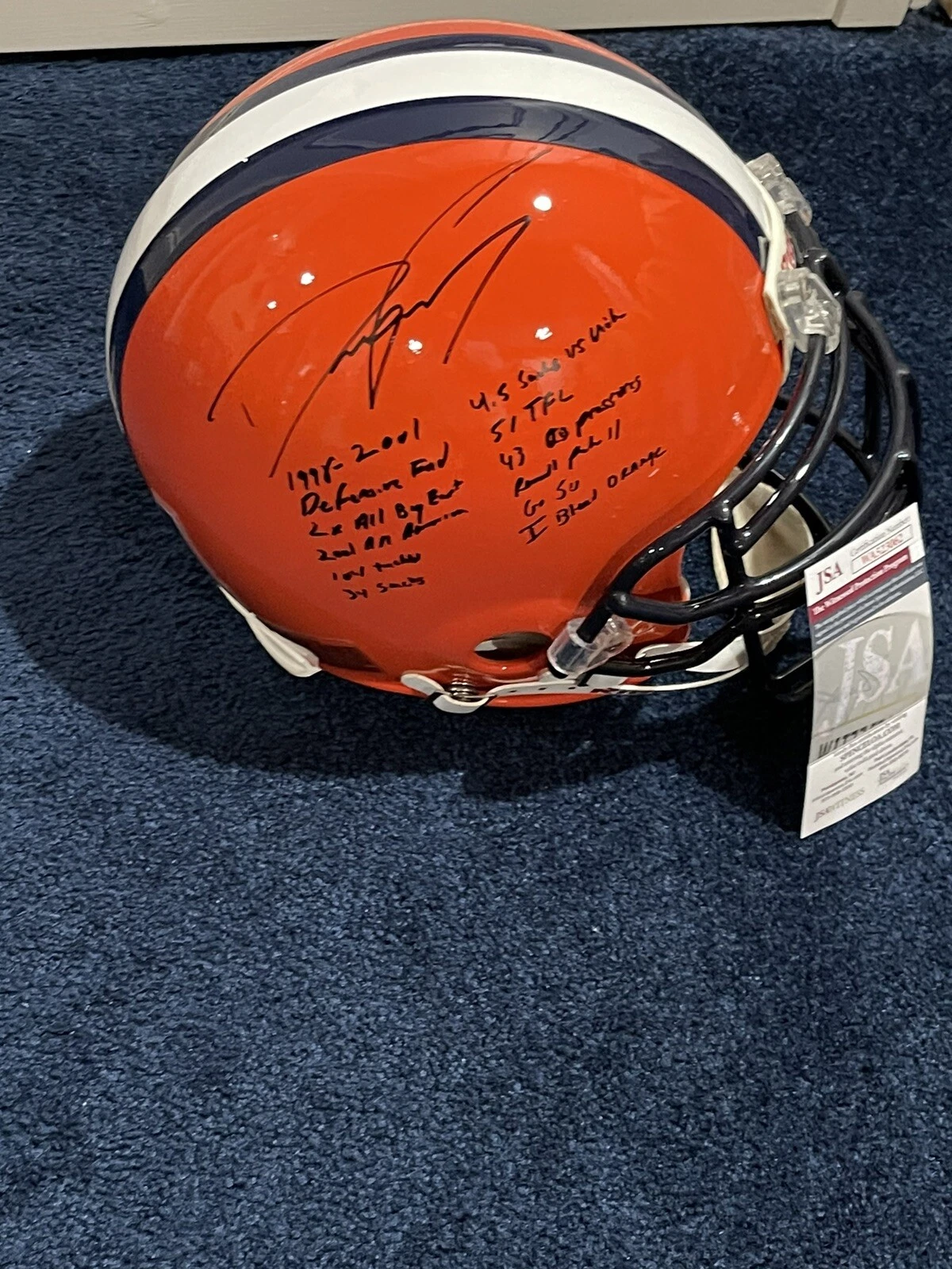Rare Dwight Freeney SIGNED Syracuse F/S Authentic Stat HELMET JSA 11 Inscription