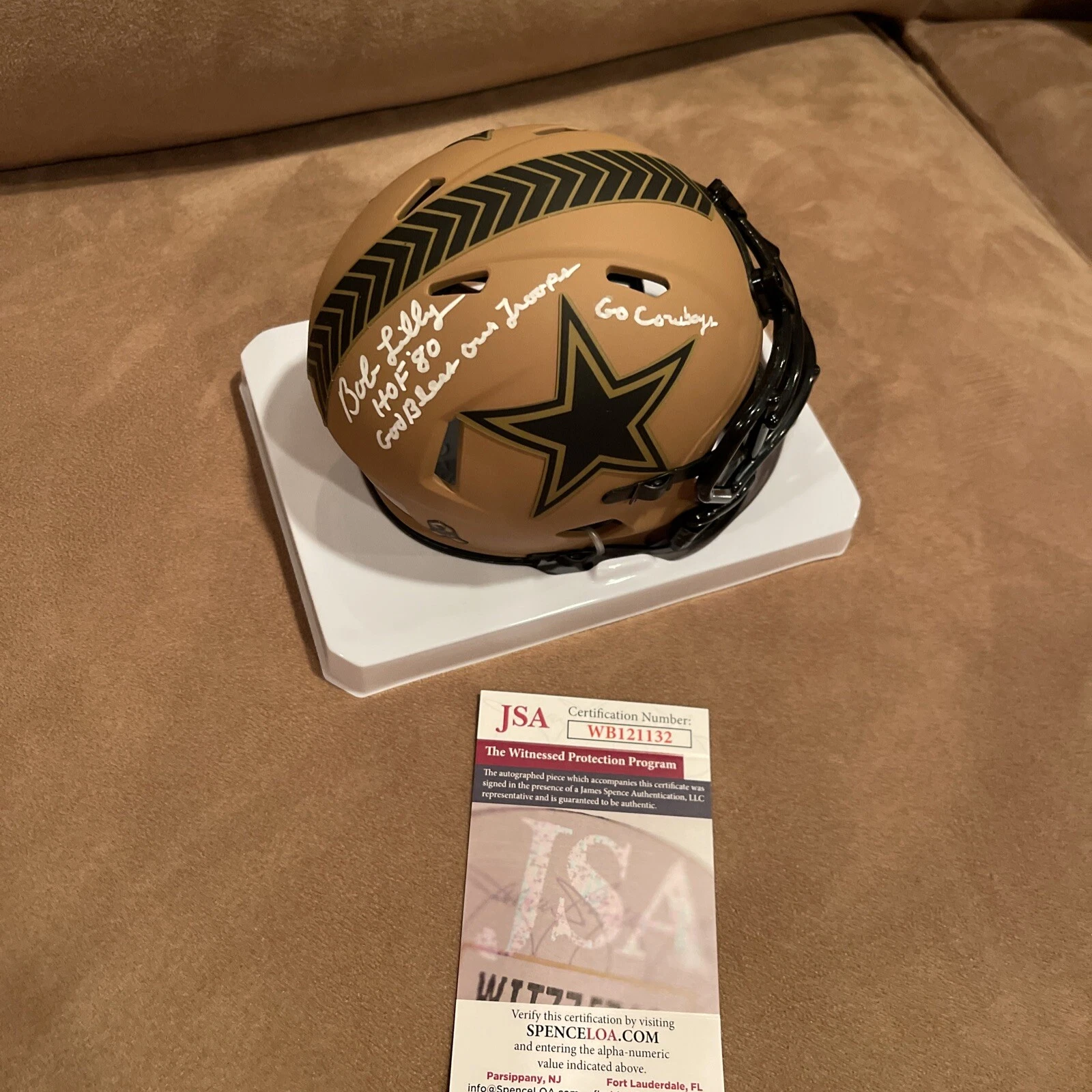 Bob Lilly Signed HoF STS Mini Stat Helmet JSA Cowboys God Bless Our Troops +