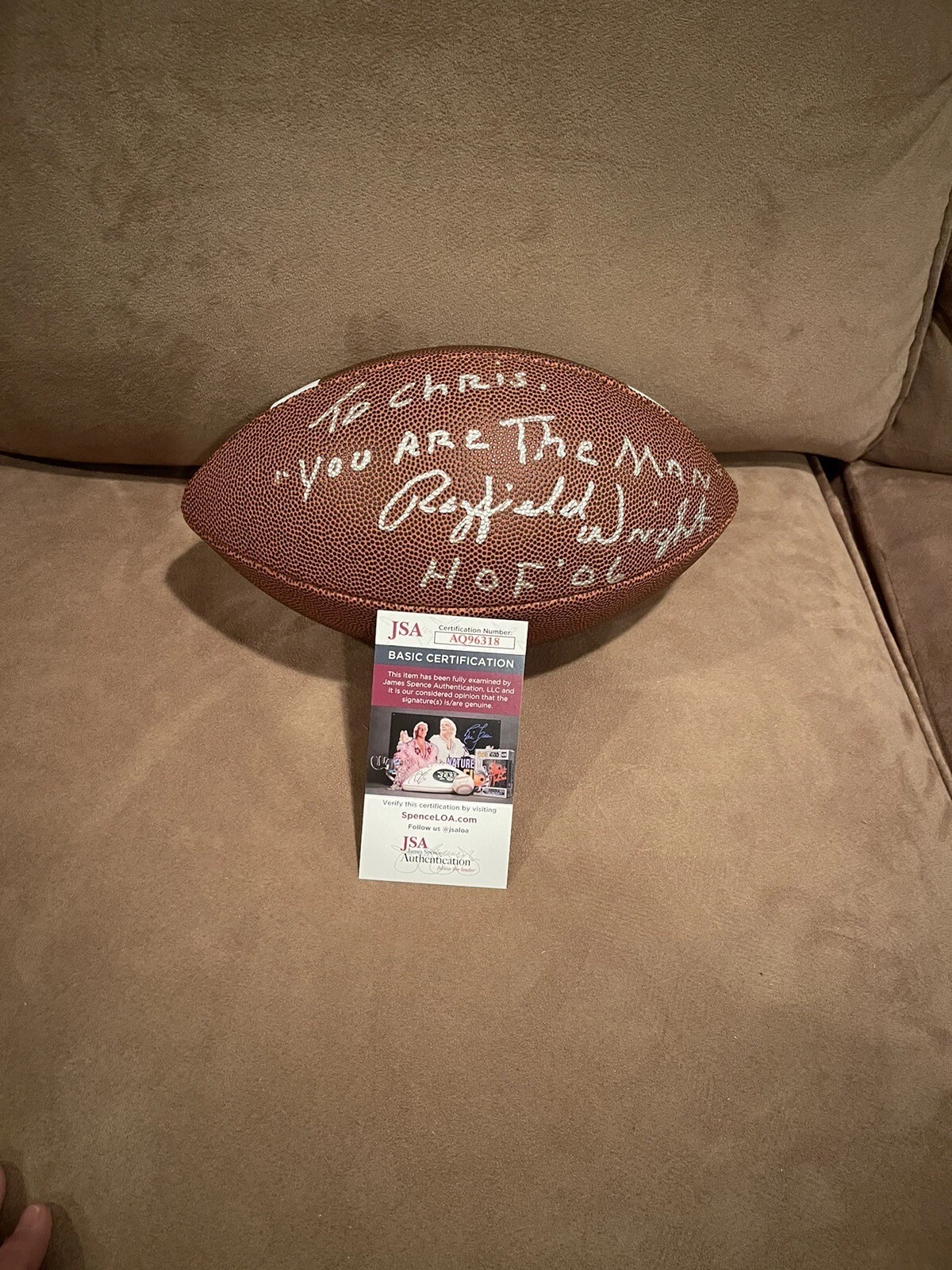 Rayfield Wright Signed Full Size Football, JSA, To Chris You Are The Man!