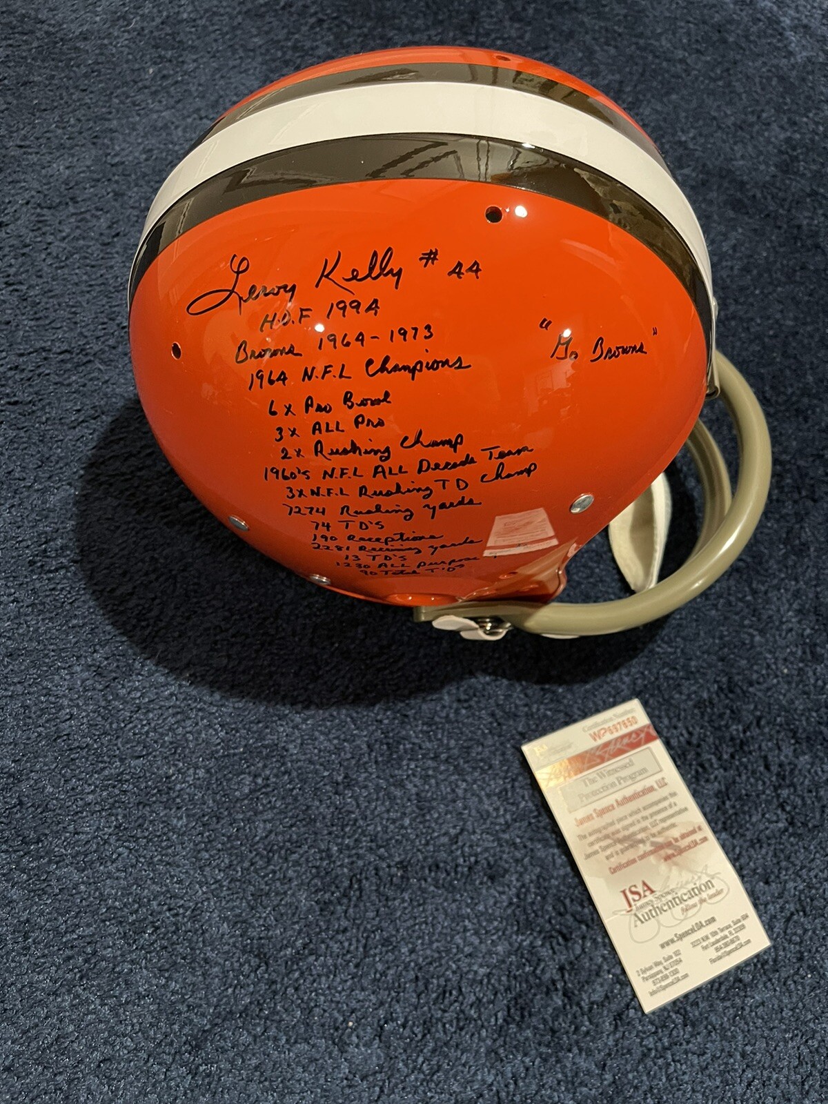 LEROY KELLY SIGNED CLEVELAND BROWNS TK STAT HELMET JSA 16 INSCRIPTIONS