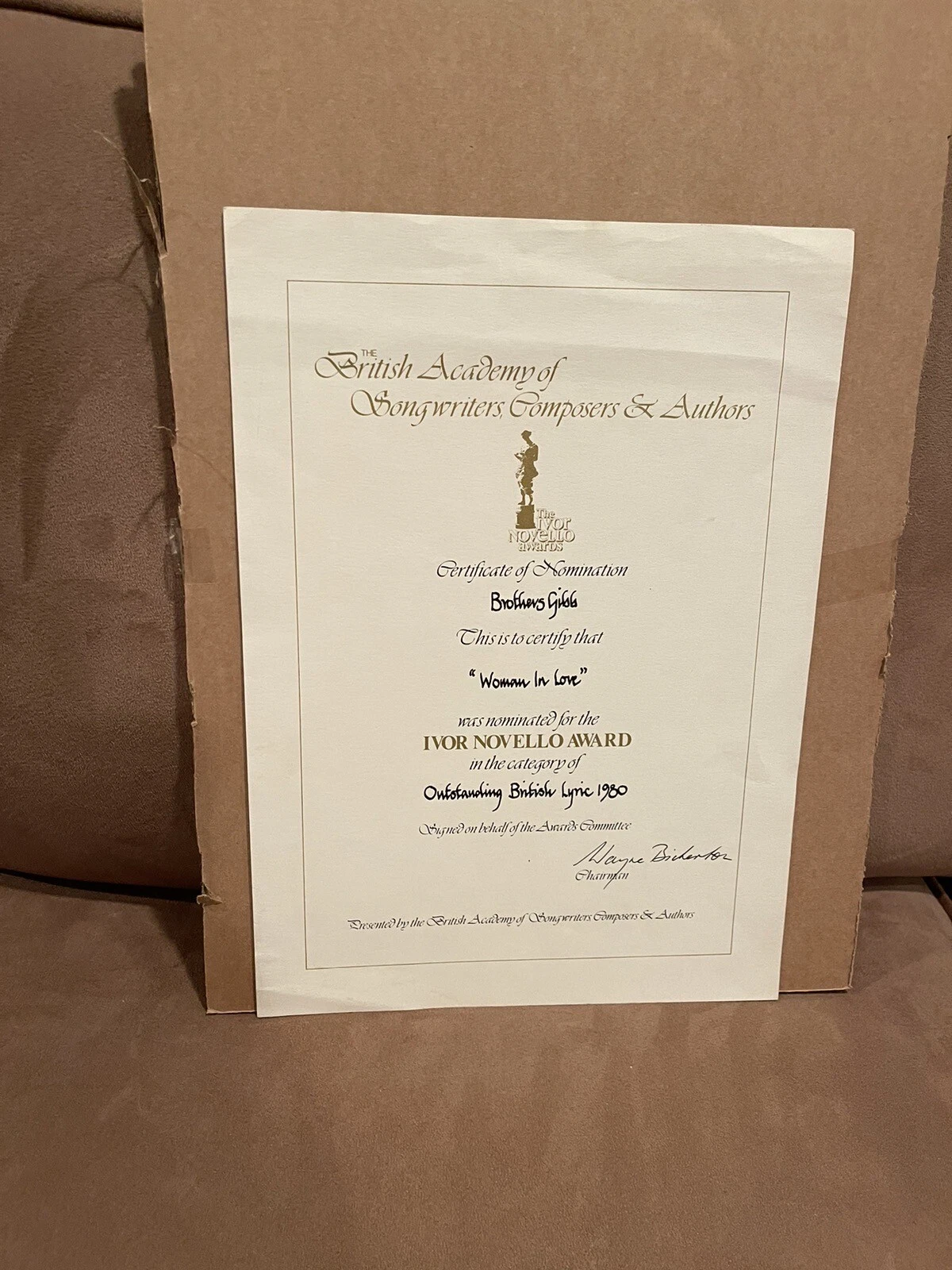 Personally Owned Brothers Gibb British Academy of Songwriters Award Woman n Love