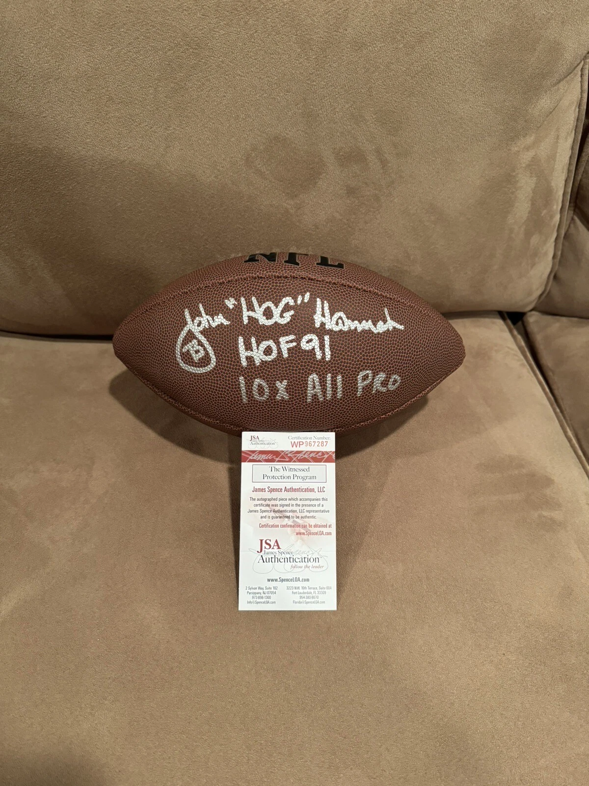 John Hannah Signed Stat Football, JSA, 3 Inscriptions Patriots