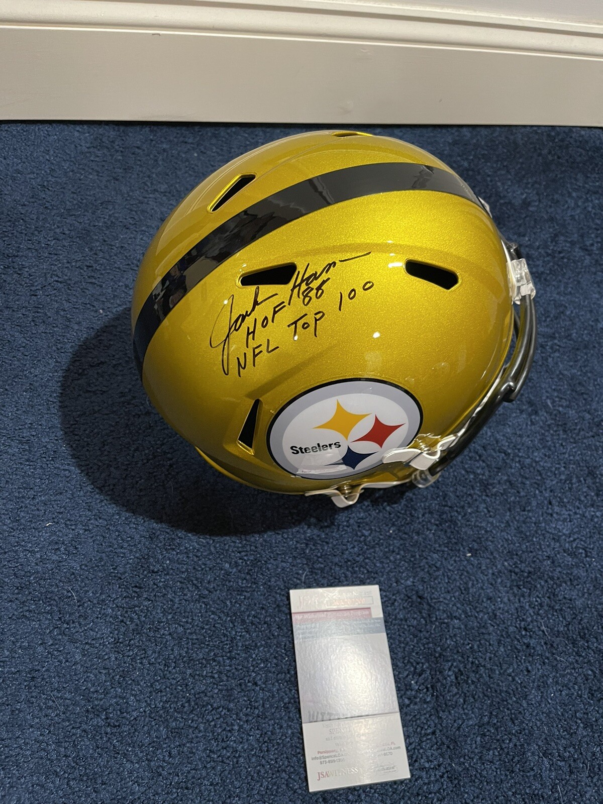 Jack Ham SIGNED Pittsburgh Steelers Flash F/S STAT HELMET JSA W 2INSCRIPTIONS