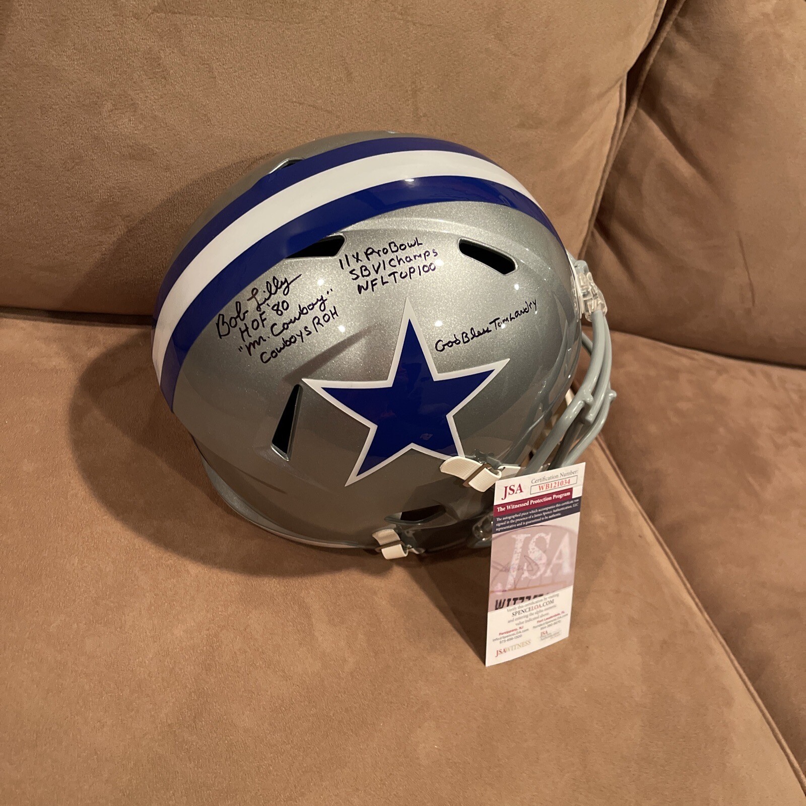 RARE Bob Lilly Drew Pearson SIGNED COWBOYS F/S STAT HELMET JSA 12 INSCRIPTIONS