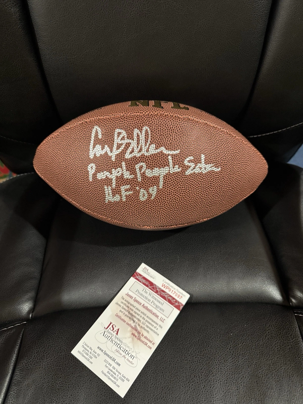 Carl Eller Signed Stat Football, JSA, 2 Inscriptions Vikings Purple People Eater